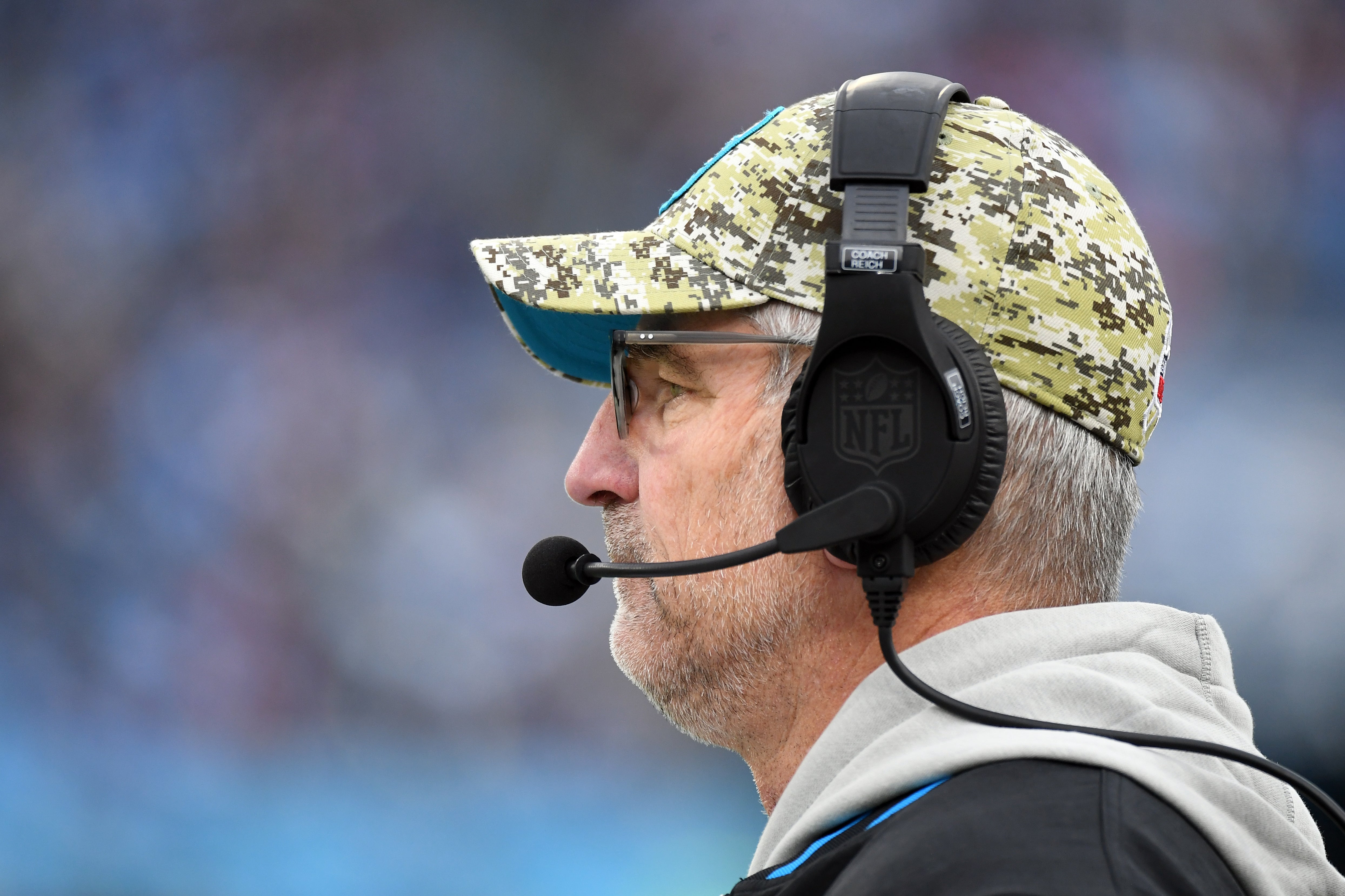 Carolina Panthers head coach Frank Reich looks on from the sideline during the second half against the Tennessee Titans at Nissan Stadium.