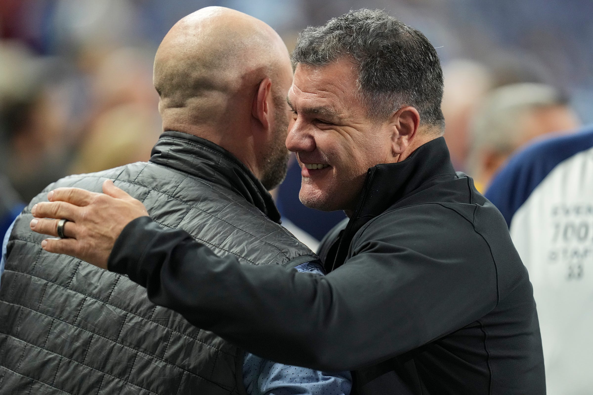 Former Indianapolis Colt Adam Vinatieri walks the sideline Sunday, Nov. 26, 2023, before the Colts face the Tampa Bay Buccaneers at Lucas Oil Stadium in Indianapolis.
