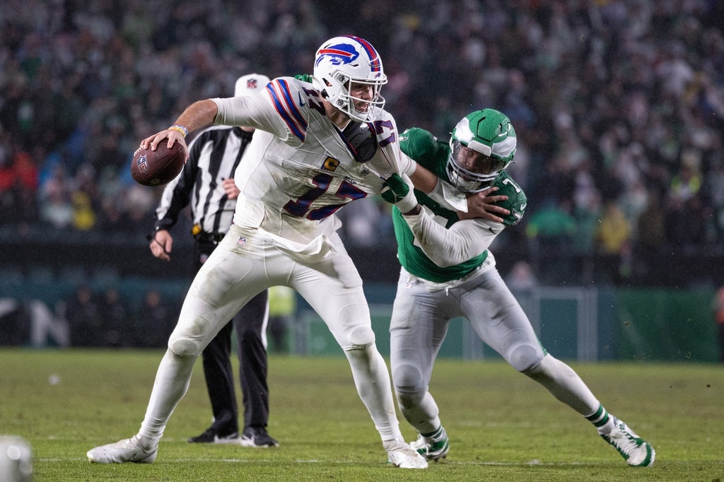 Philadelphia Eagles linebacker Haason Reddick sacks Buffalo Bills quarterback Josh Allen during the second quarter at Lincoln Financial Field.