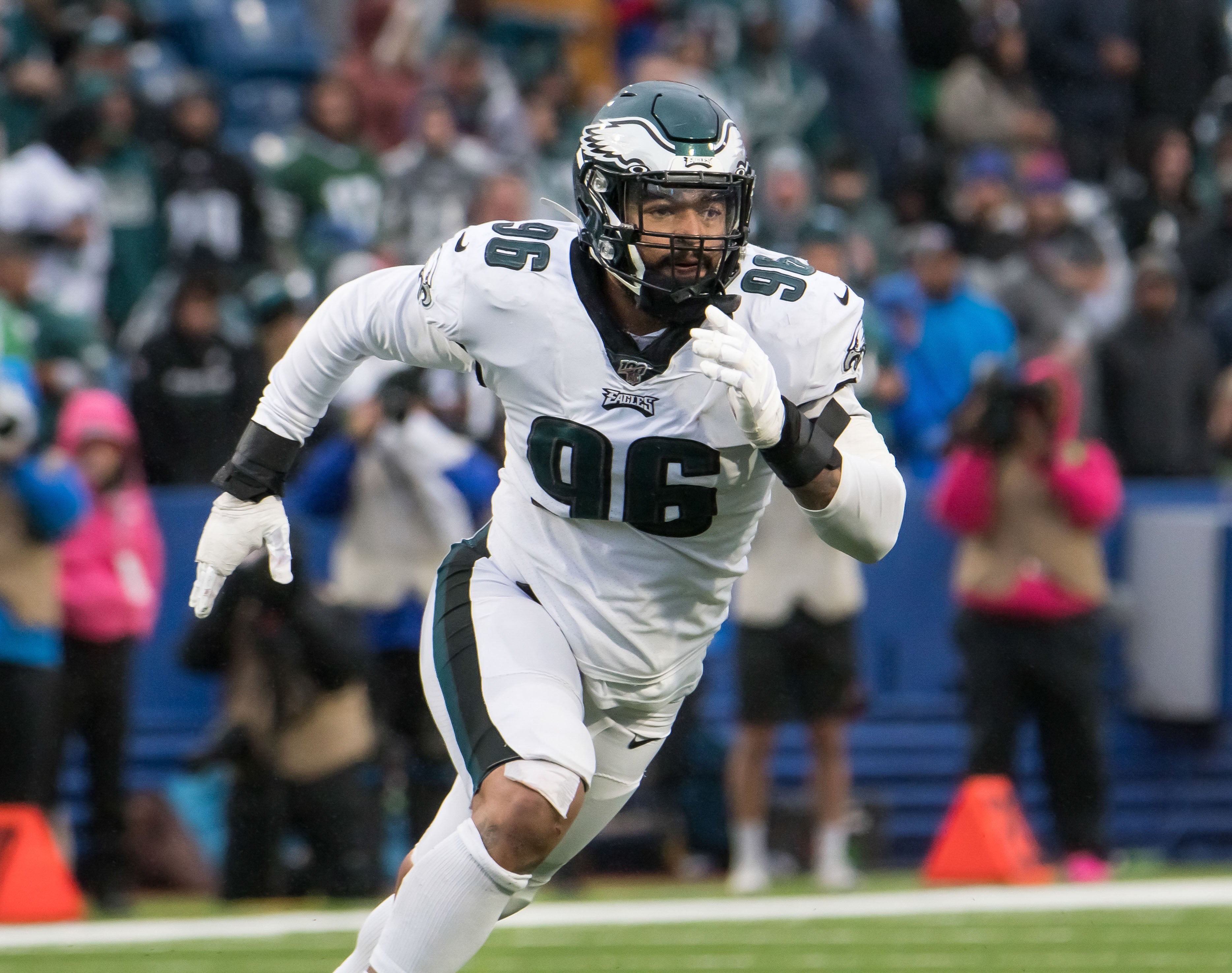 Oct 27, 2019; Orchard Park, NY, USA; Philadelphia Eagles defensive end Derek Barnett (96) rushes into the backfield against the Buffalo Bills in the fourth quarter at New Era Field.