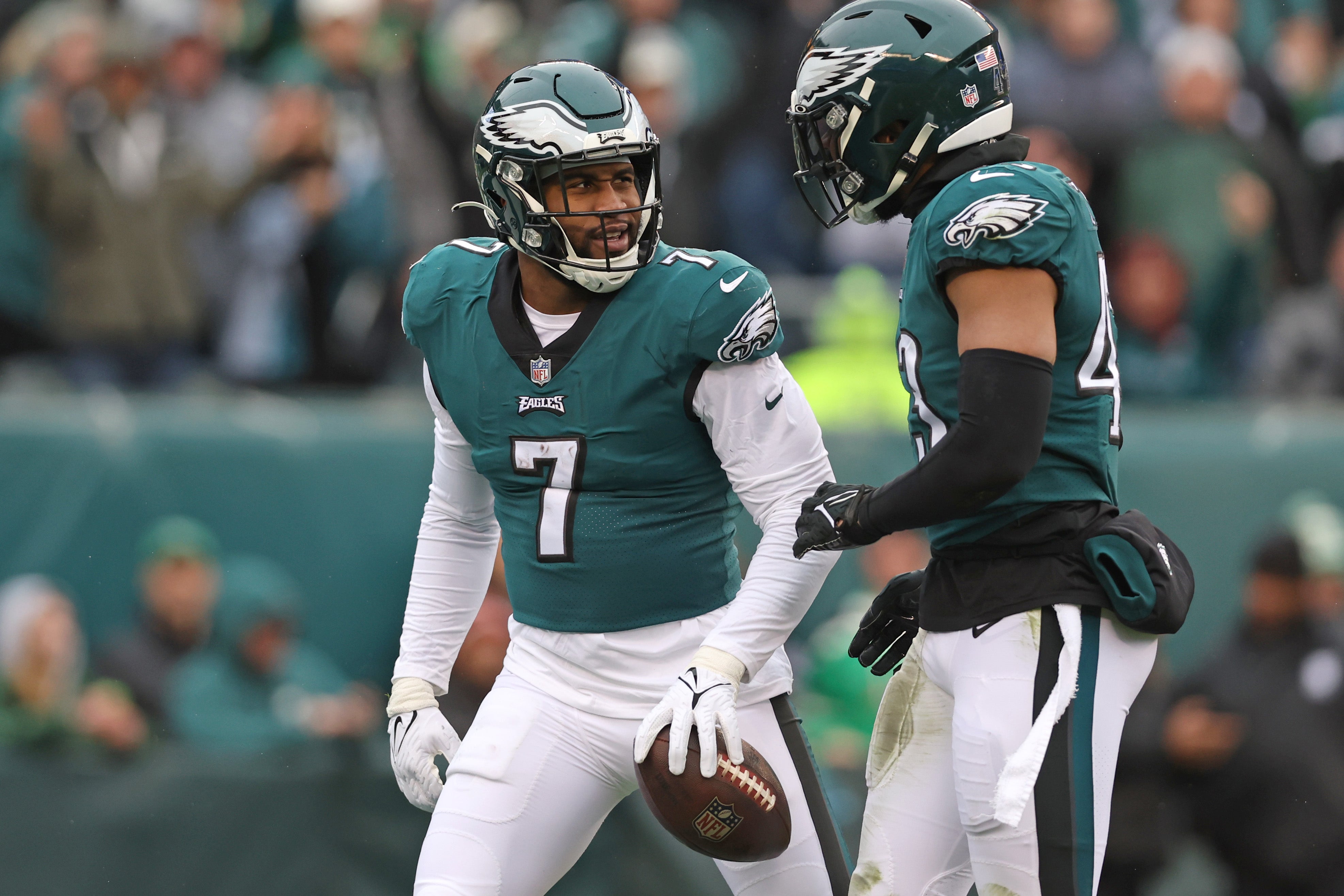 Jan 29, 2023; Philadelphia, Pennsylvania, USA; Philadelphia Eagles linebacker Haason Reddick (7) celebrates his sack with linebacker Kyzir White (43) against the San Francisco 49ers during the first quarter in the NFC Championship game at Lincoln Financial Field.