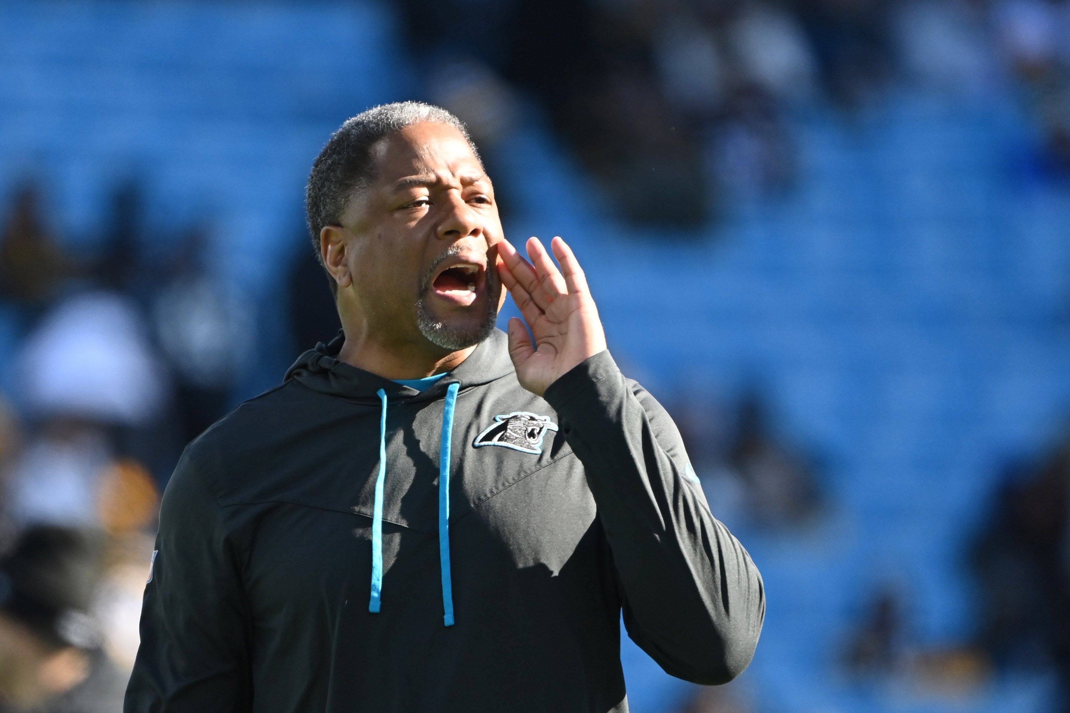 Dec 18, 2022; Charlotte, North Carolina, USA; Carolina Panthers head coach Steve Wilks during warm ups at Bank of America Stadium.