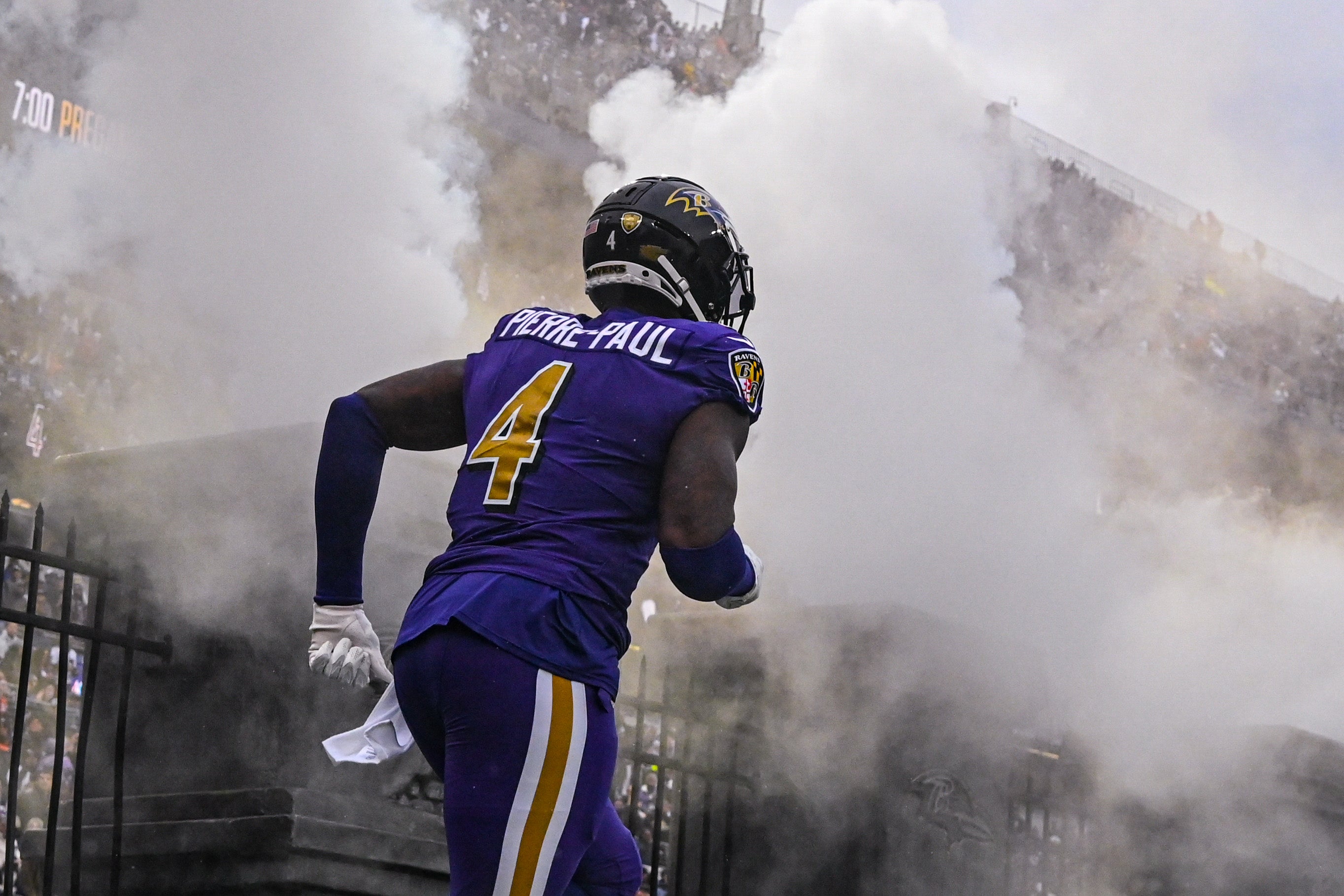 Baltimore Ravens defensive tackle Jason Pierre-Paul takes the field before the game against the Buffalo Bills at M&T Bank Stadium.