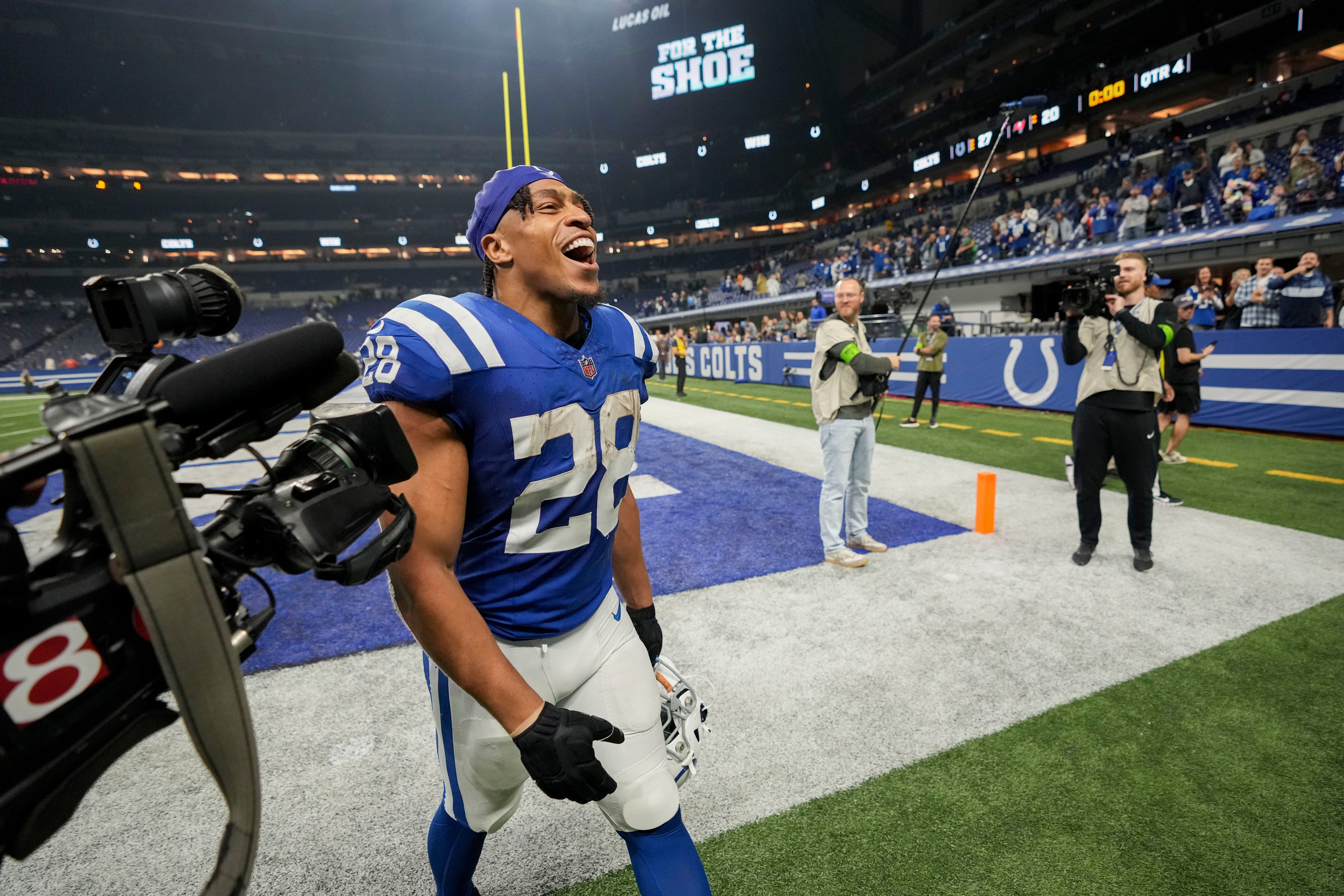 Indianapolis Colts running back Jonathan Taylor (28) celebrates as he leaves the field Sunday, Nov. 26, 2023, after defeating the Tampa Bay Buccaneers at Lucas Oil Stadium in Indianapolis.