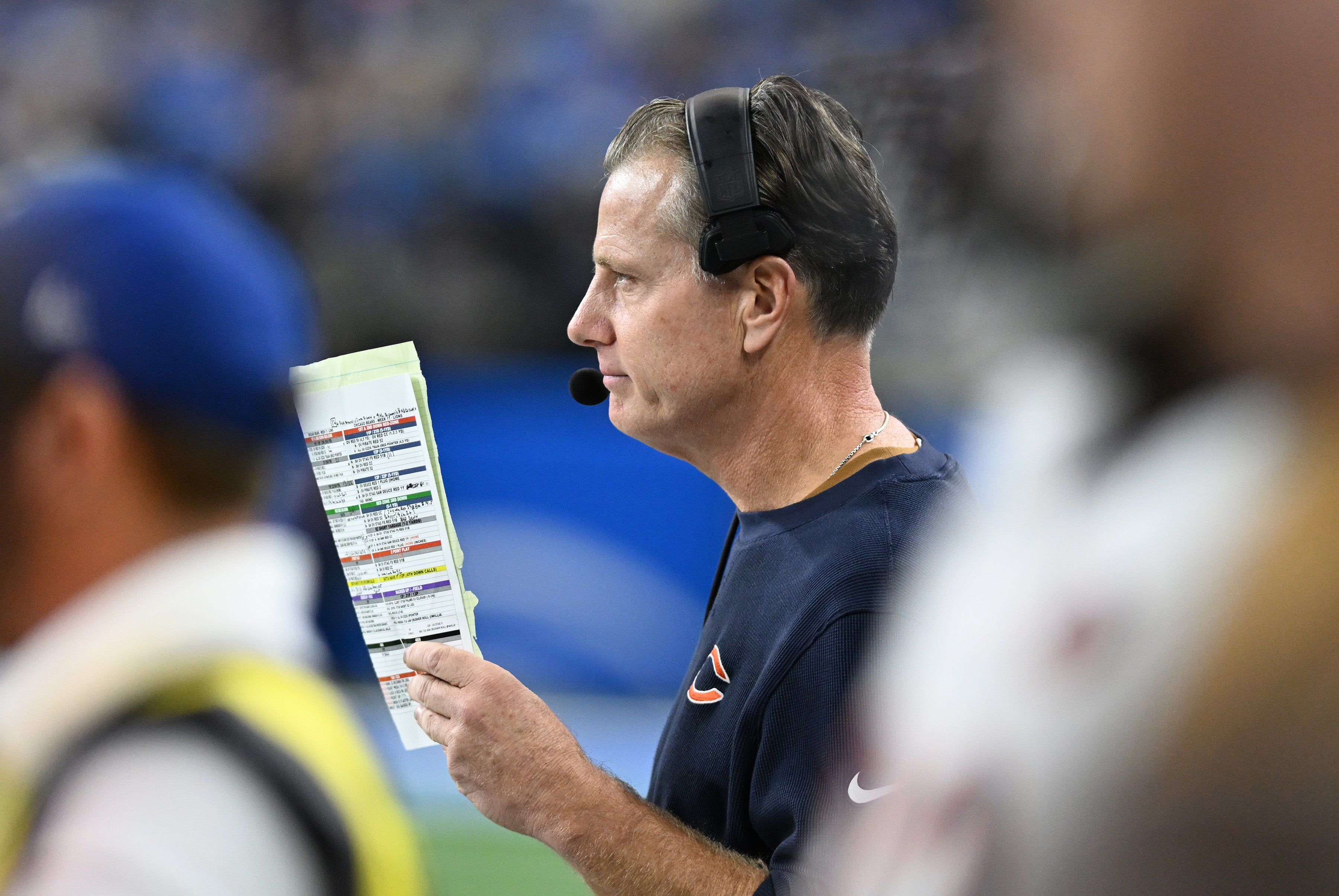 Nov 19, 2023; Detroit, Michigan, USA; Chicago Bears head coach Matt Eberflus on the sidelines against the Detroit Lions in the fourth quarter at Ford Field.