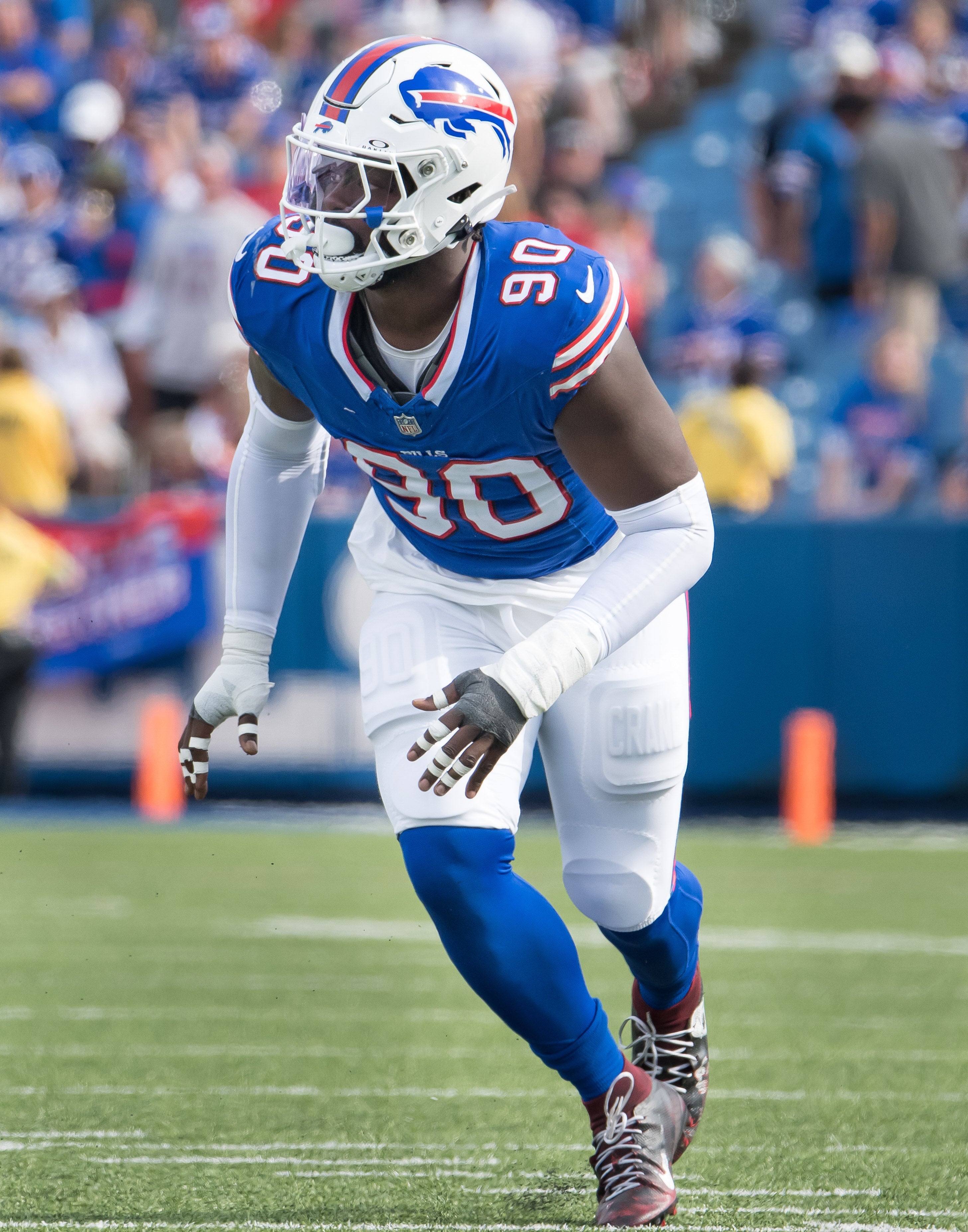 Buffalo Bills defensive end Shaq Lawson pass rushes in the fourth quarter against the Las Vegas Raiders at Highmark Stadium.