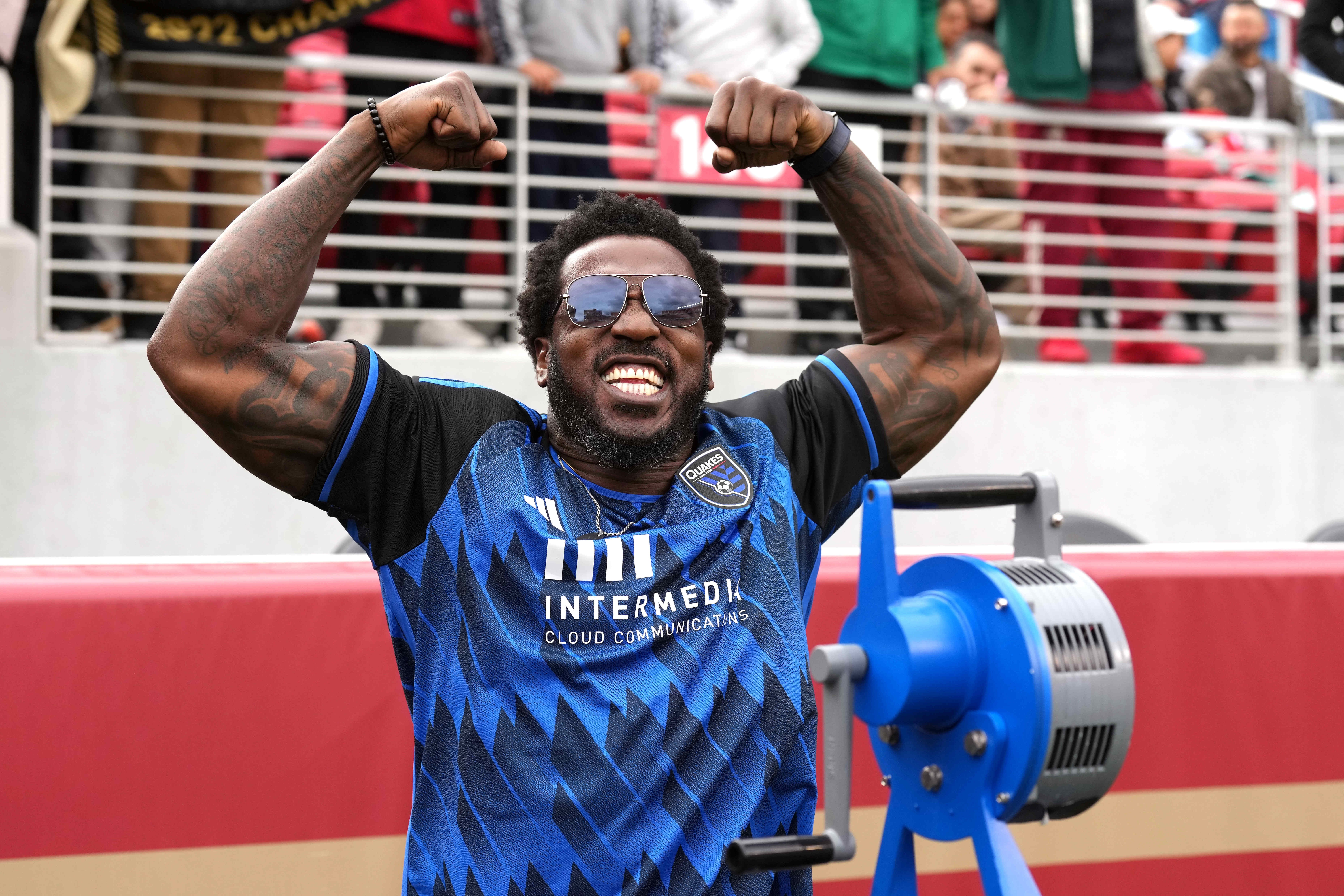 May 6, 2023; Santa Clara, California, USA; San Francisco 49ers linebacker Patrick Willis flexes after sounding the San Jose Earthquakes siren before a match against the Los Angeles FC at Levi's Stadium.