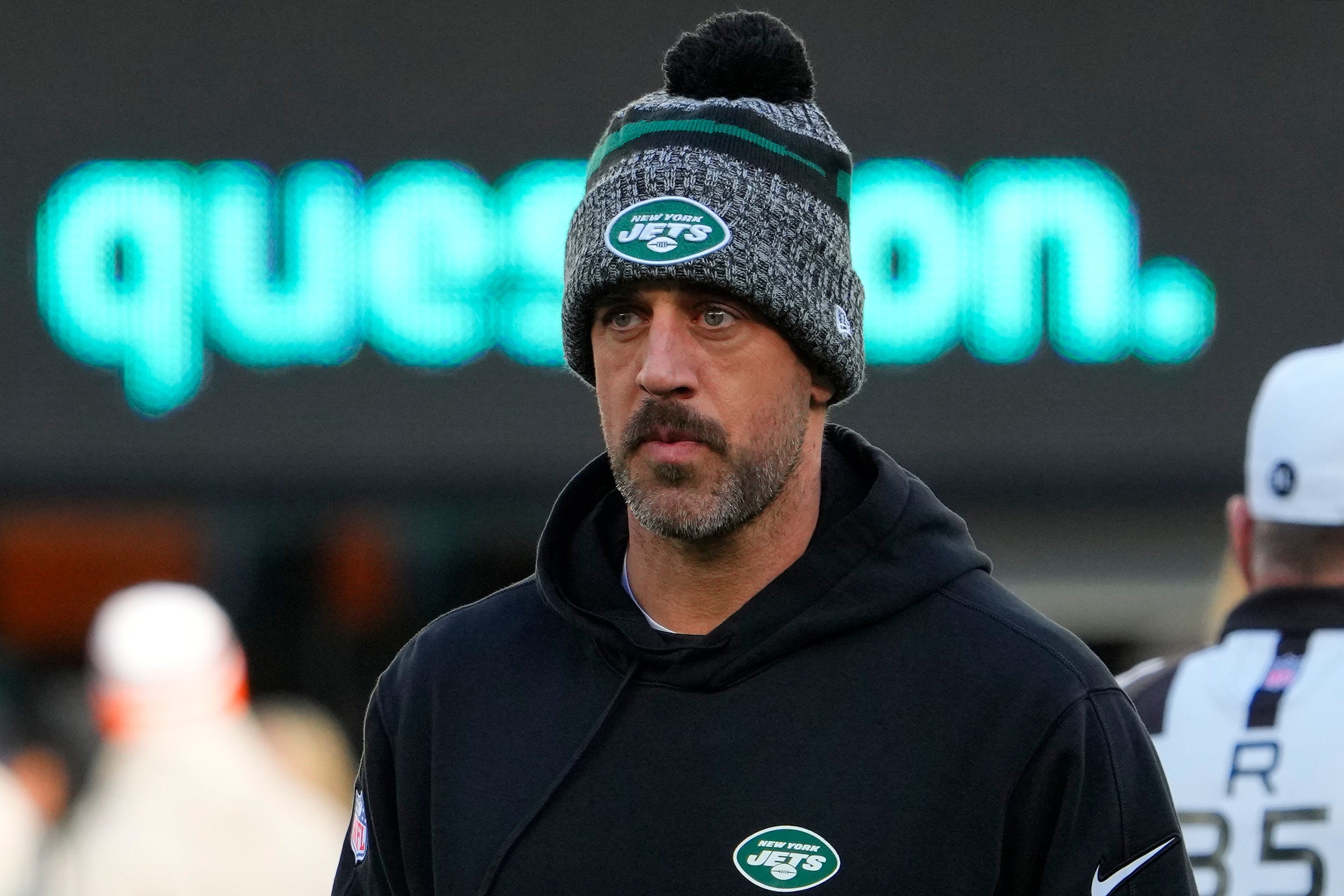 New York Jets quarterback Aaron Rodgers, on injured reserve, pregame against the Miami Dolphins at MetLife Stadium.
