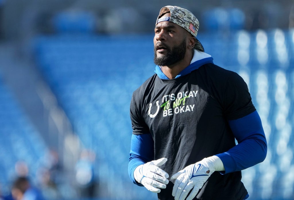 Indianapolis Colts linebacker Shaquille Leonard warms up Sunday, Nov. 5, 2023, ahead of a game against the Carolina Panthers at Bank of America Stadium in Charlotte.
