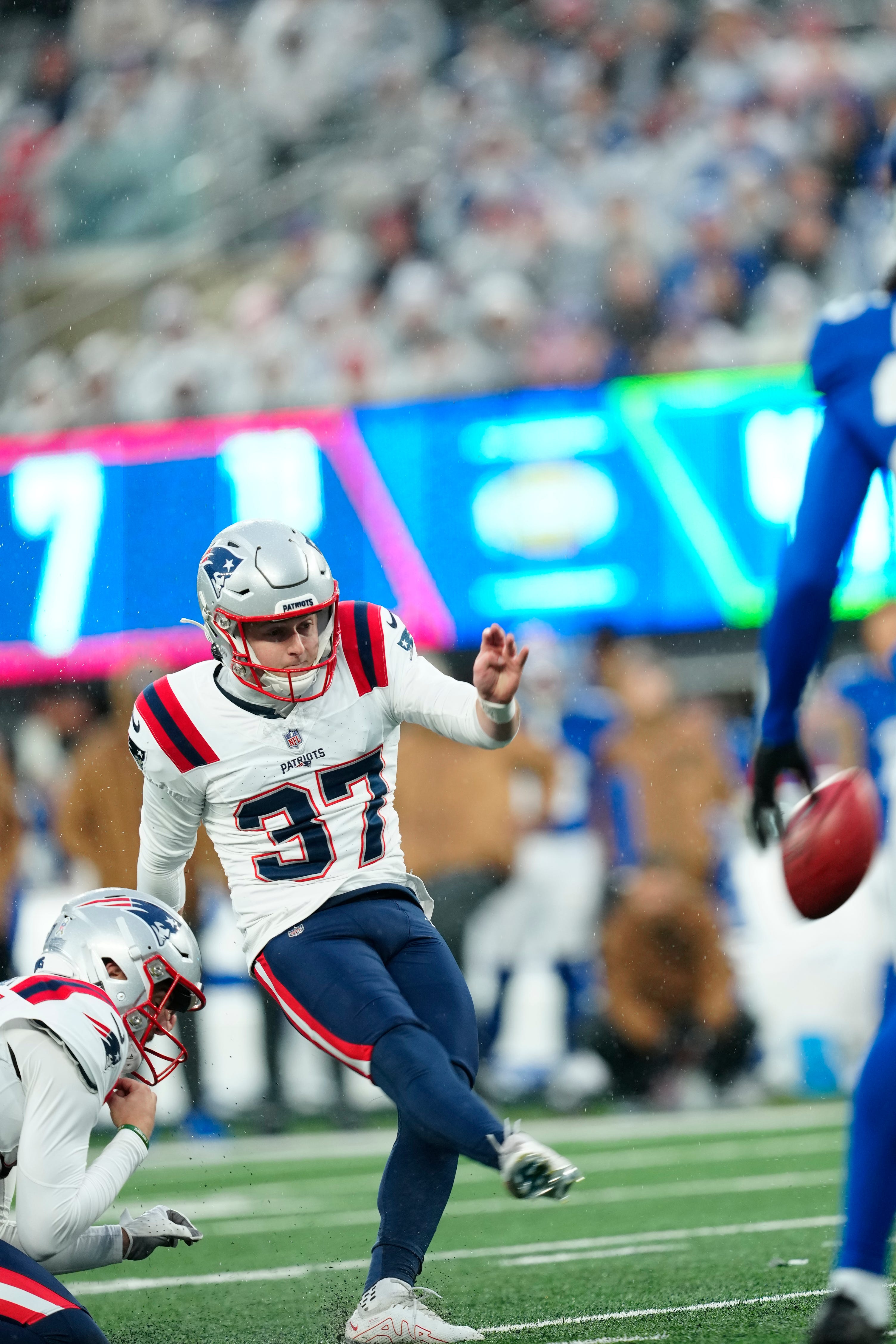 New England Patriots place kicker Chad Ryland tries to kick a field goal with five seconds left in the game. The field goal attempt failed, but would have tied the game. Instead, the New York Giants were victorious, 10-7,