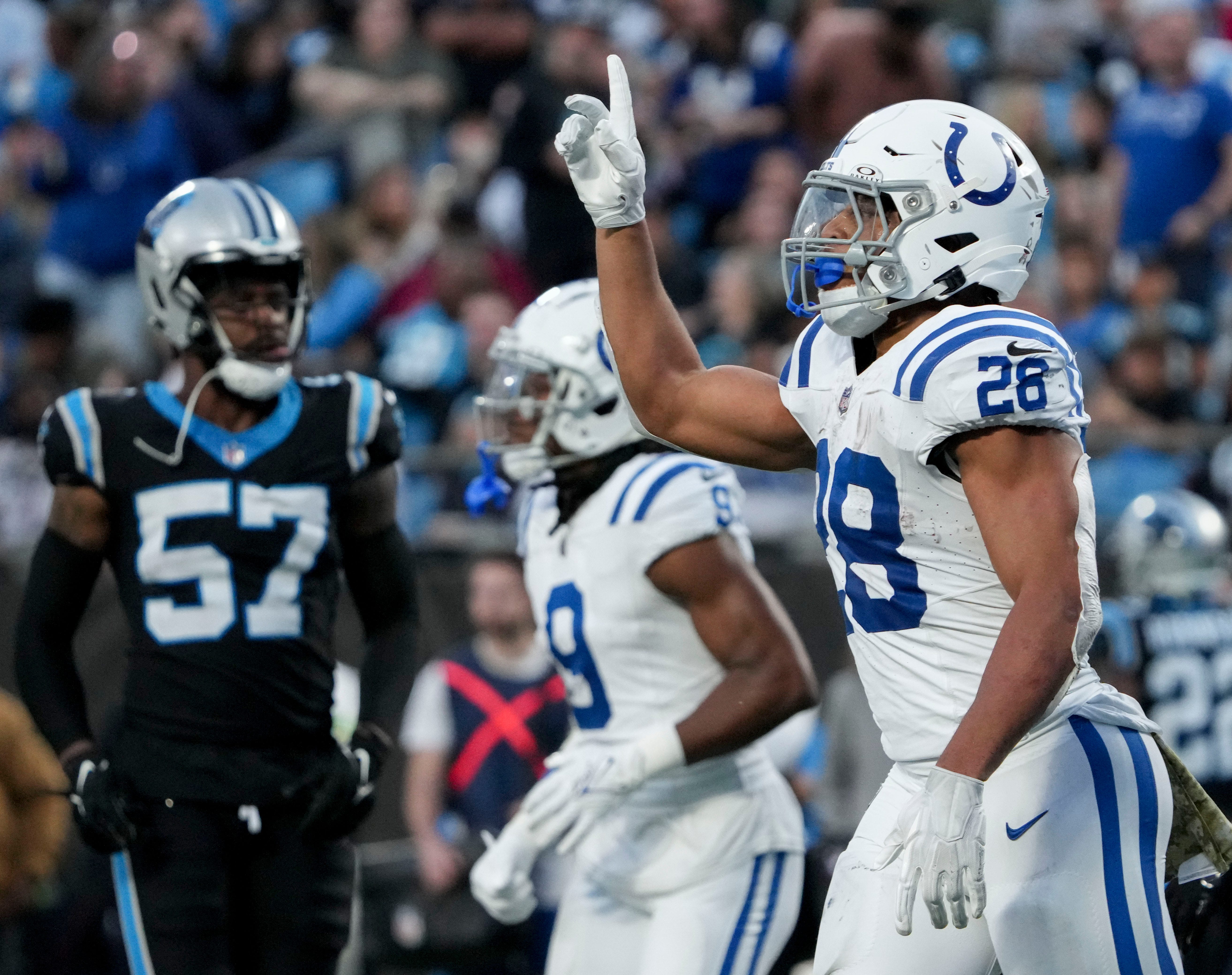Indianapolis Colts running back Jonathan Taylor (28) celebrates a touchdown Sunday, Nov. 5, 2023, during a game against the Carolina Panthers at Bank of America Stadium in Charlotte.