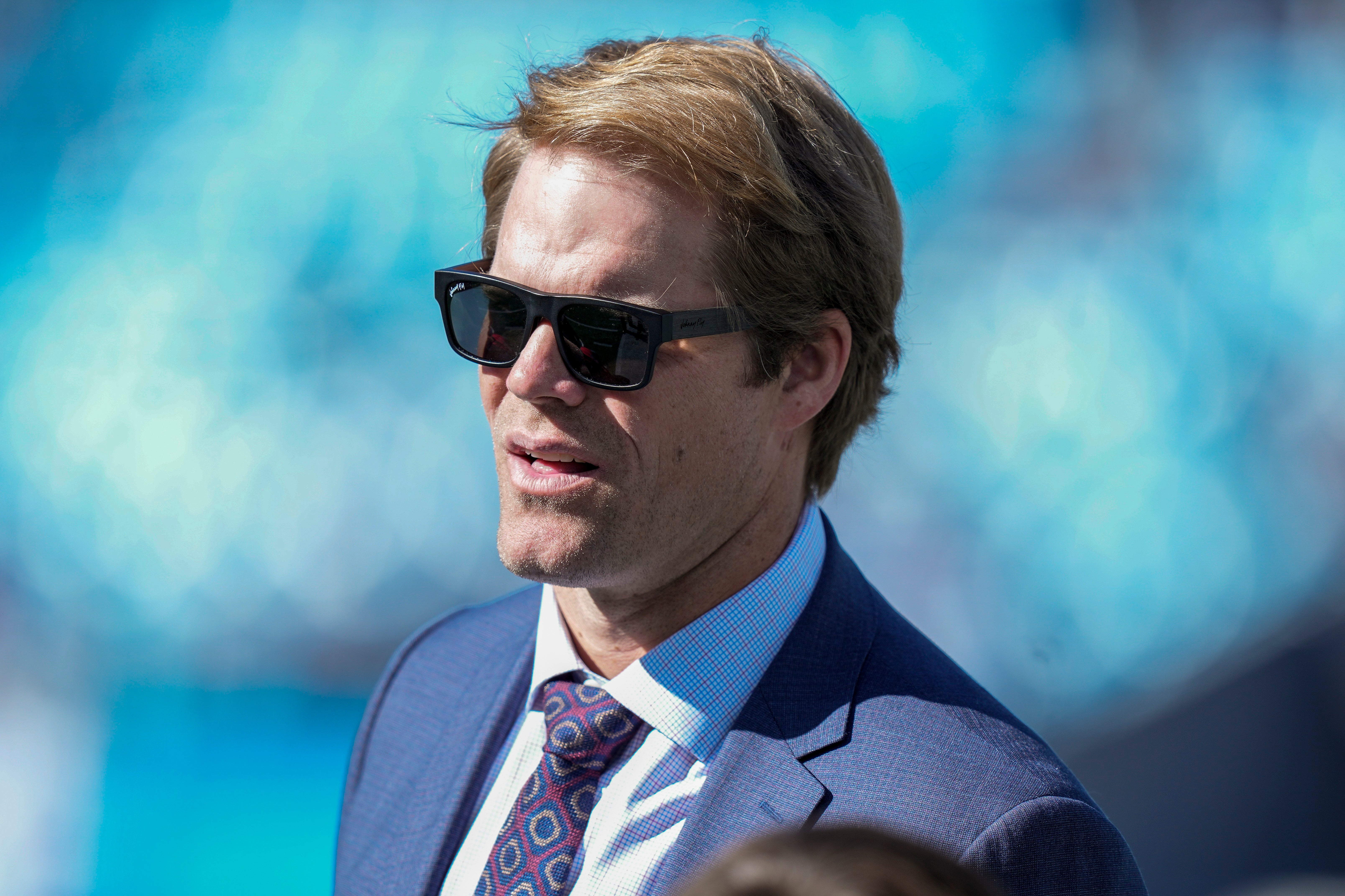 Nov 19, 2023; Charlotte, North Carolina, USA; Former Panther and now announcer Greg Olsen during pregame warm ups between the Carolina Panthers and the Dallas Cowboys at Bank of America Stadium.