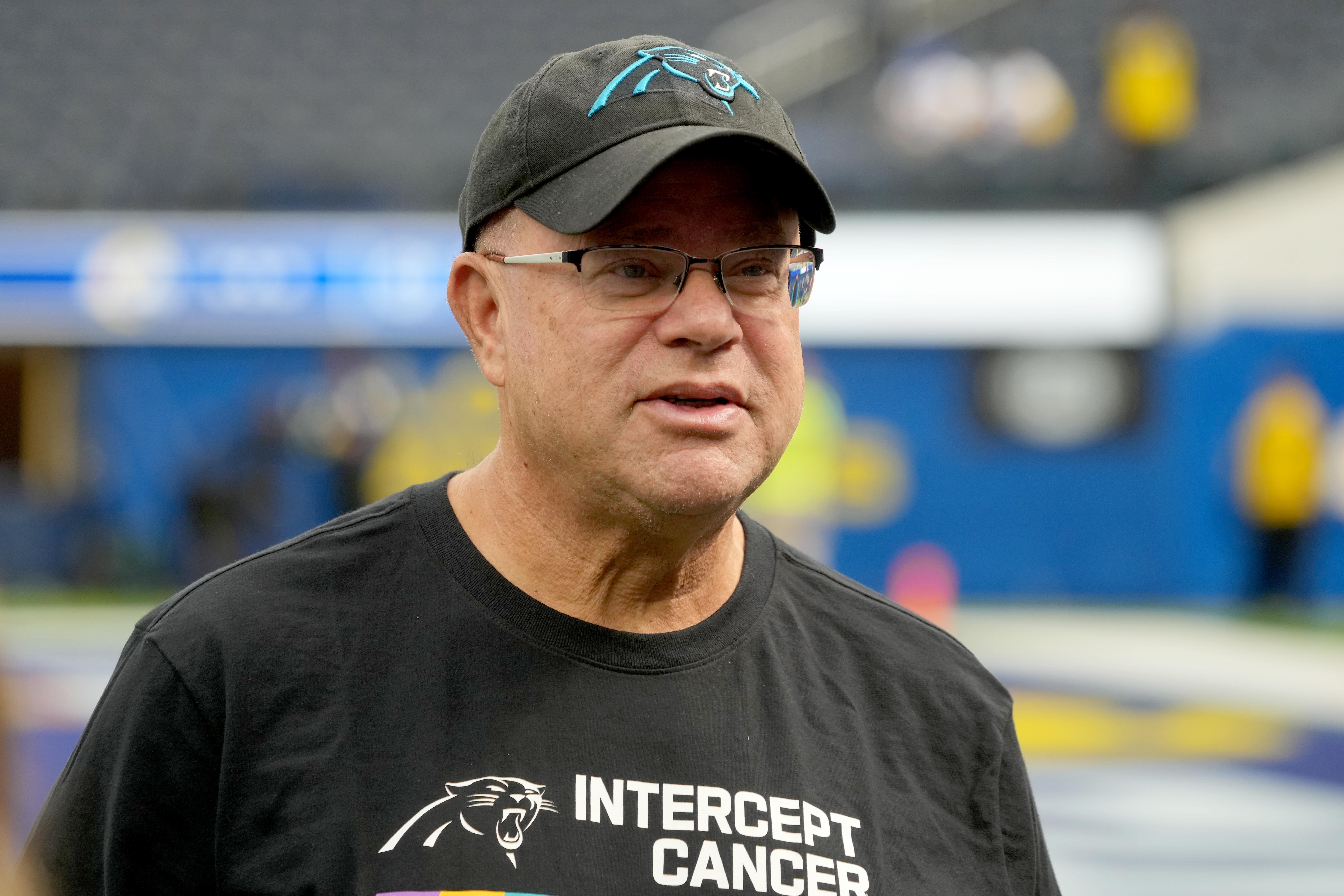 Oct 16, 2022; Inglewood, California, USA; Carolina Panthers owner David Tepper wears an Intercept Cancer shirt in recognition of breast cancer awareness month during the game against the Los Angeles Rams at SoFi Stadium. Mandatory Credit: Kirby Lee-USA TODAY Sports