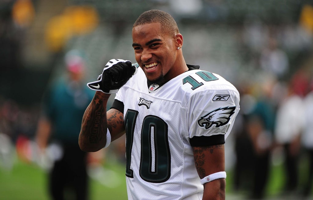 Philadelphia Eagles wide receiver DeSean Jackson smiles before the game against the Oakland Raiders at Oakland-Alameda County Coliseum.