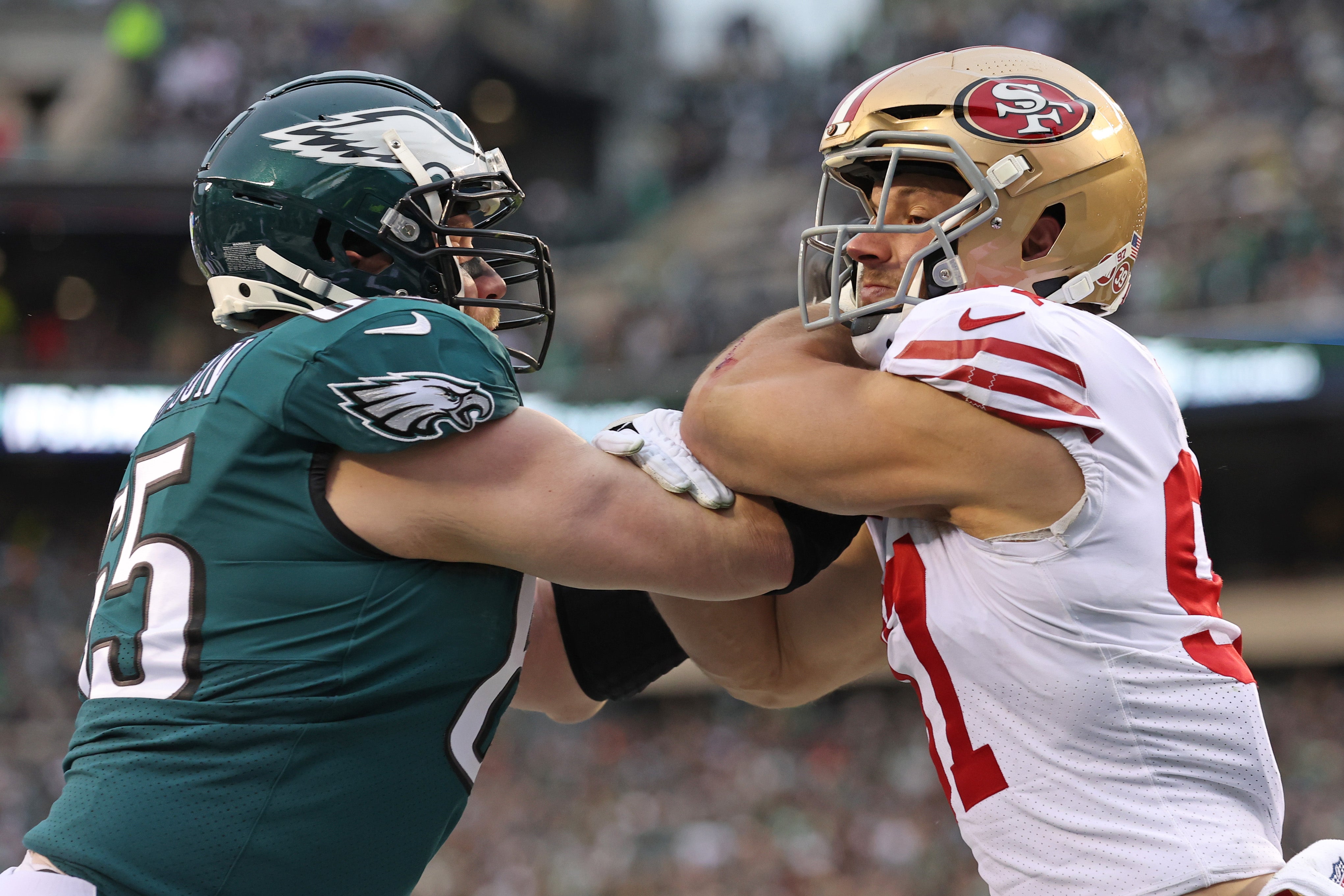 Jan 29, 2023; Philadelphia, Pennsylvania, USA; San Francisco 49ers defensive end Nick Bosa (97) battles with Philadelphia Eagles offensive tackle Lane Johnson (65) during the second quarter in the NFC Championship game at Lincoln Financial Field.