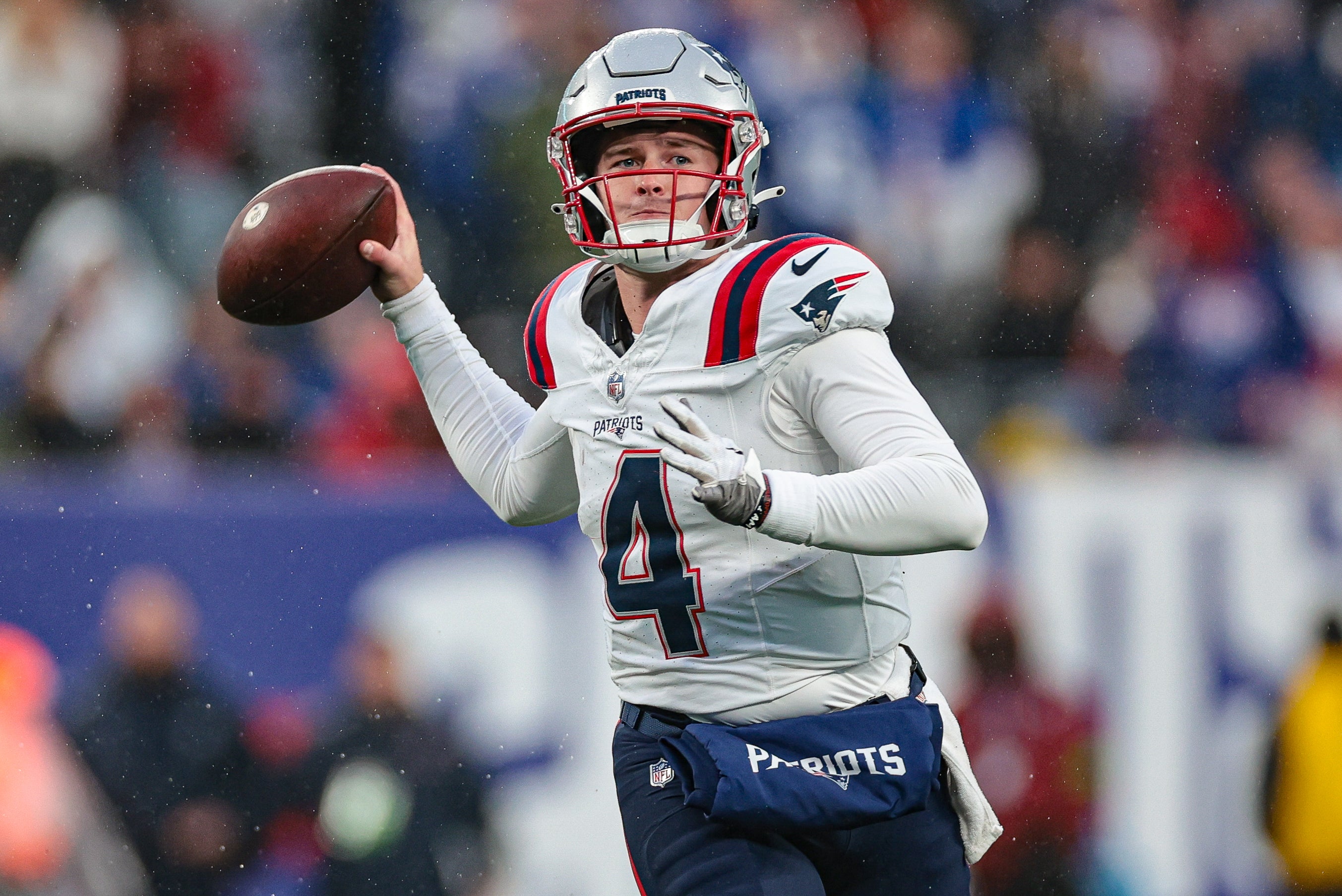 New England Patriots quarterback Bailey Zappe throws the ball during the second half against the New York Giants at MetLife Stadium