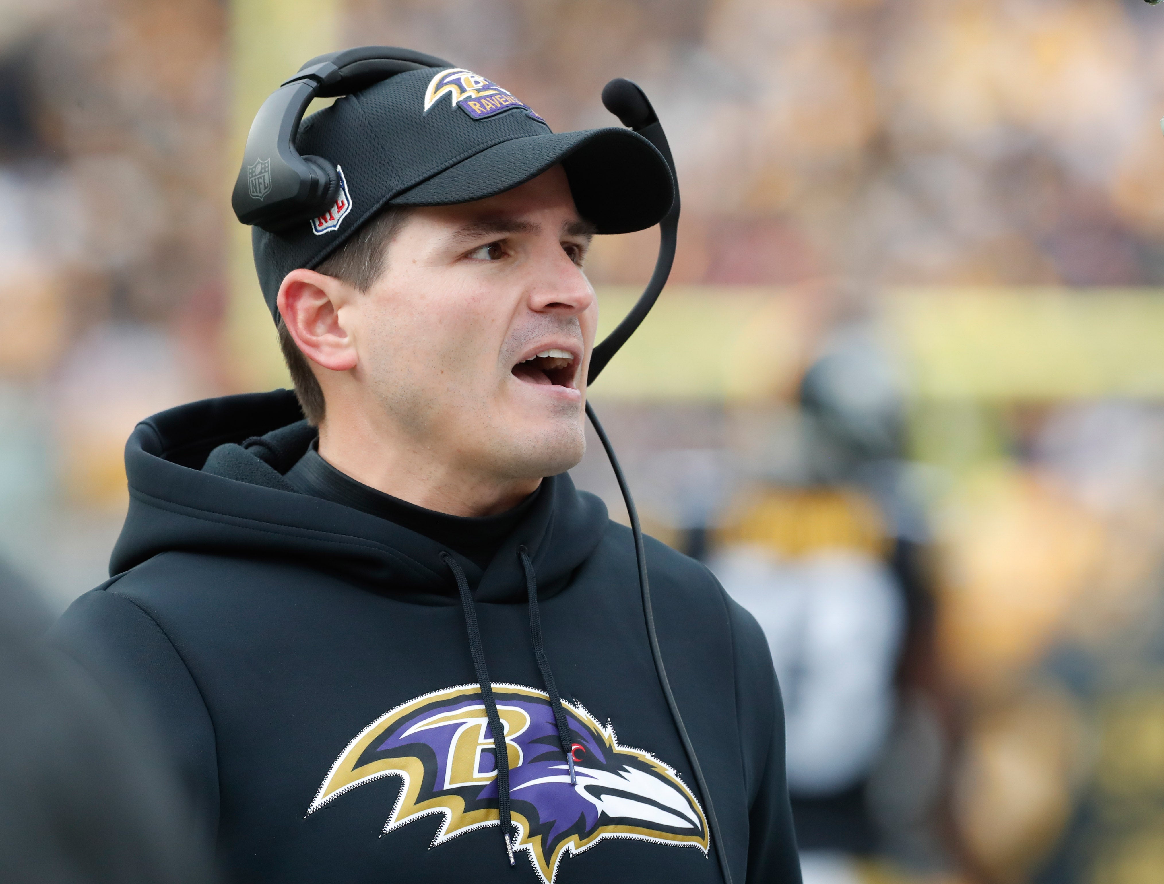 Baltimore Ravens defensive coordinator Mike Macdonald reacts on the sidelines against the Pittsburgh Steelers during the second quarter at Acrisure Stadium.