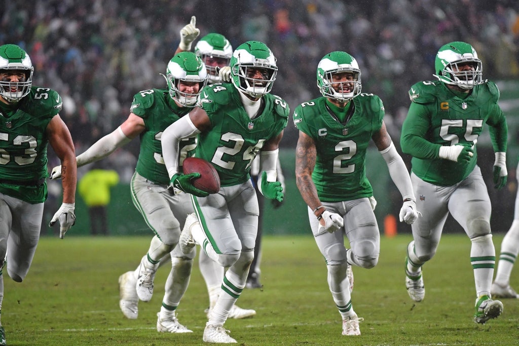 Philadelphia Eagles cornerback James Bradberry celebrates his interception during the fourth quarter against the Buffalo Bills at Lincoln Financial Field.
