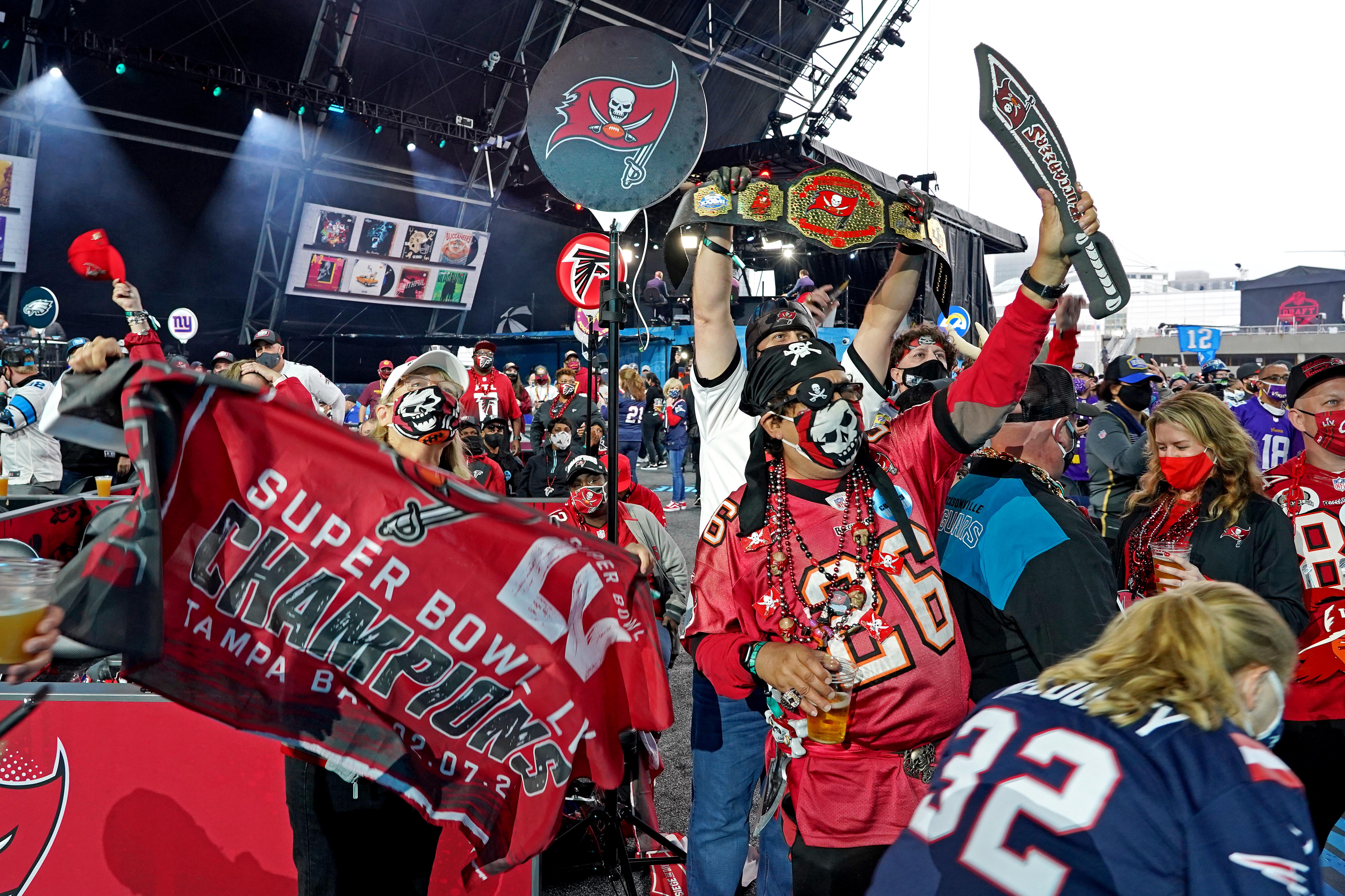 Apr 29, 2021; Cleveland, Ohio, USA; Tampa Bay Buccaneers fans cheer before the 2021 NFL Draft at First Energy Stadium. Mandatory Credit: Kirby Lee-USA TODAY Sports