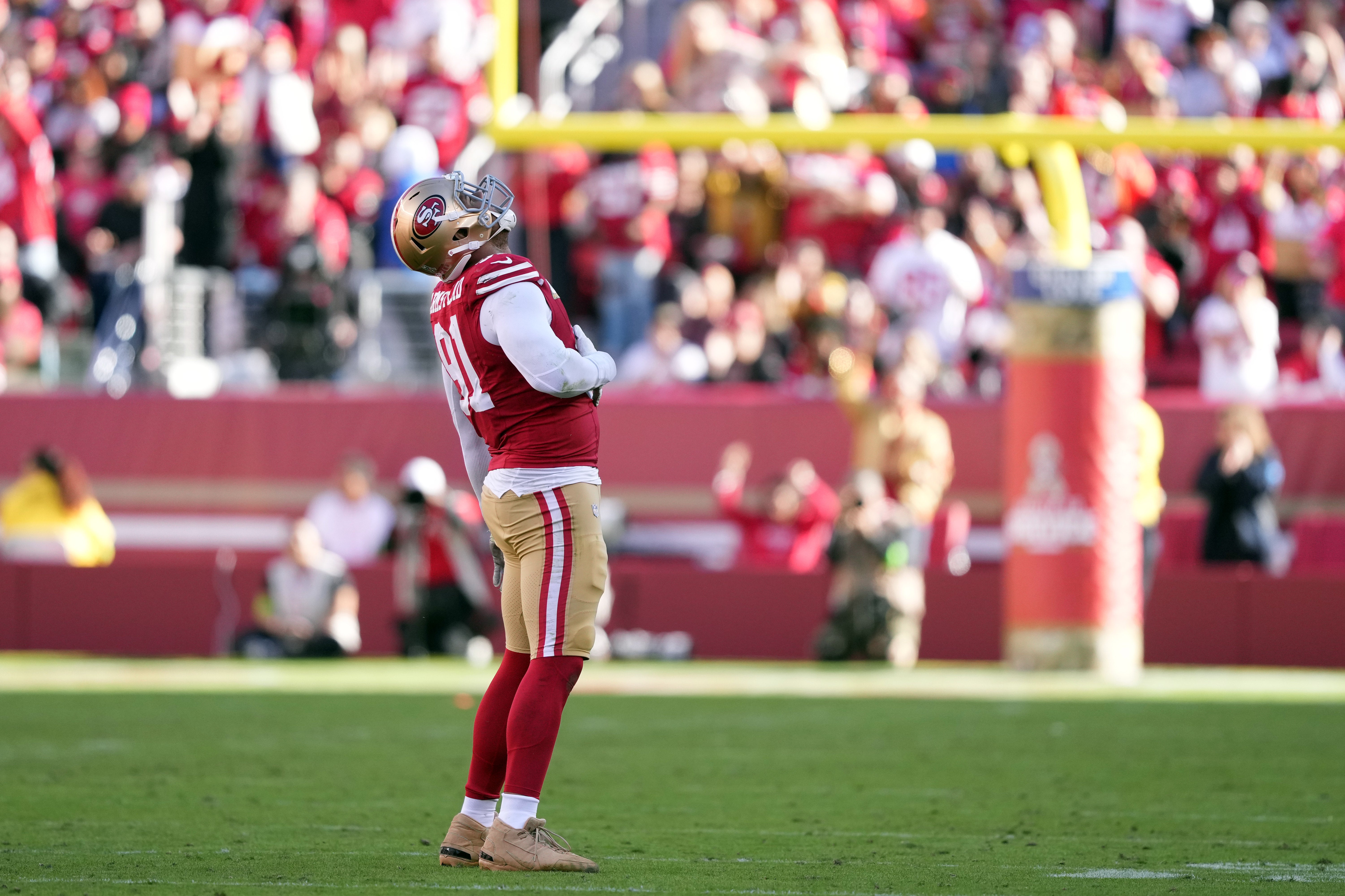 Nov 19, 2023; Santa Clara, California, USA; San Francisco 49ers defensive end Arik Armstead (91) gestures after recording a sack against the Tampa Bay Buccaneers during the second quarter at Levi's Stadium.