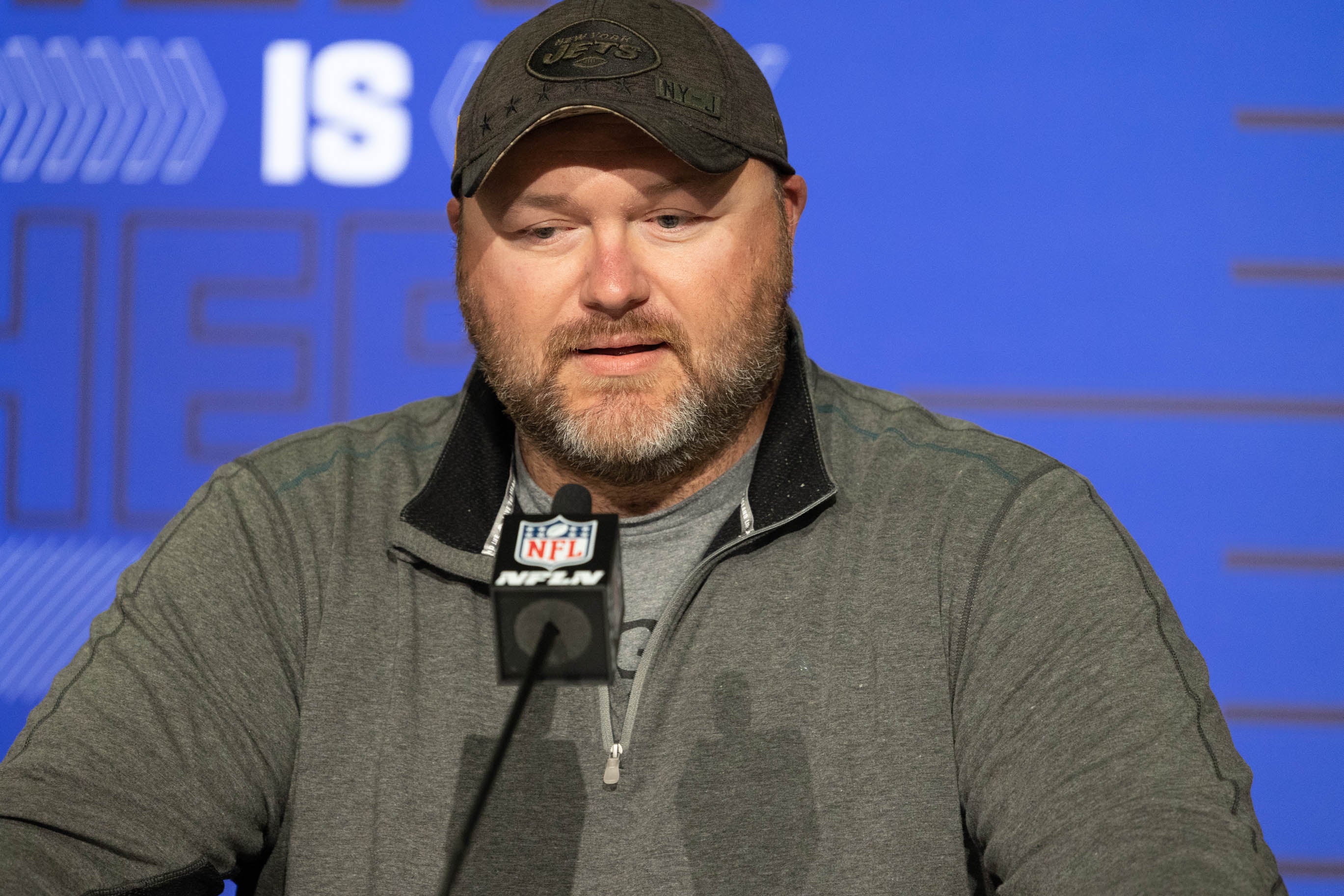 New York Jets general manager Joe Douglas talks to the media during the NFL Combine.