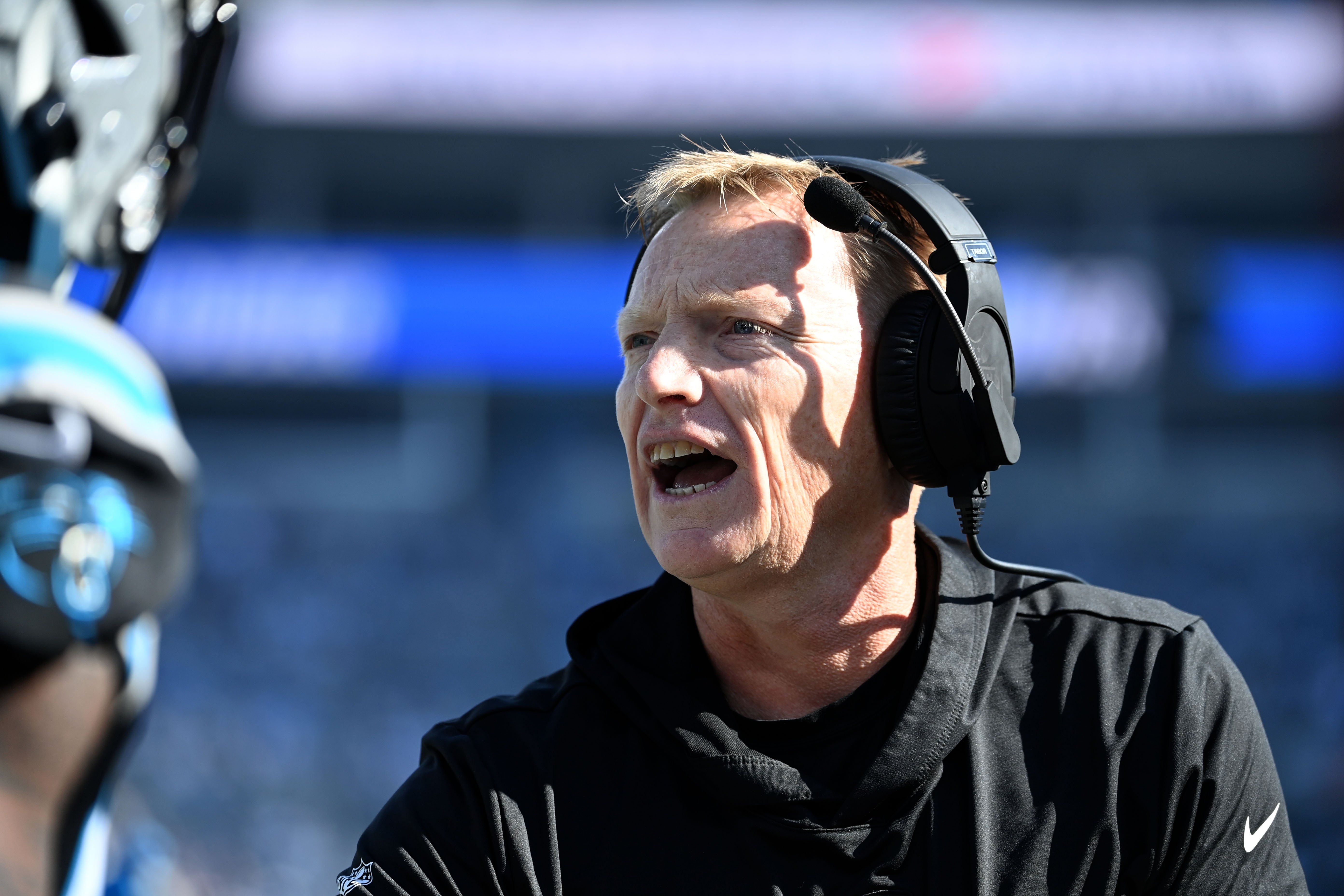 Nov 19, 2023; Charlotte, North Carolina, USA; Carolina Panthers special teams coach Chris Tabor in the first quarter at Bank of America Stadium. Mandatory Credit: Bob Donnan-USA TODAY Sports