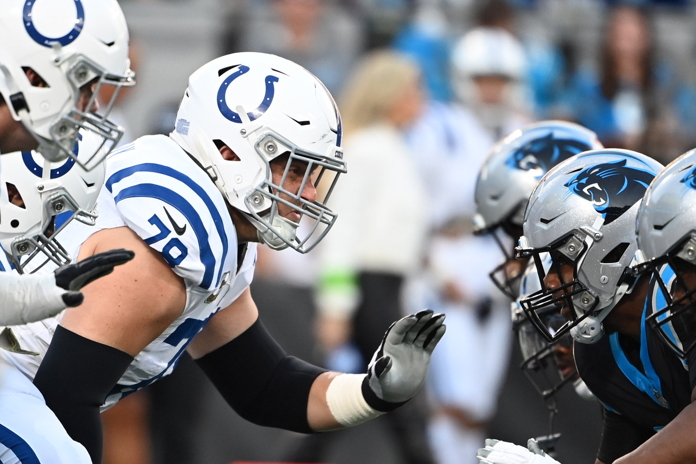 Nov 5, 2023; Charlotte, North Carolina, USA; Indianapolis Colts center Ryan Kelly (78) prepares to block after hiking the ball in the first quarter at Bank of America Stadium.