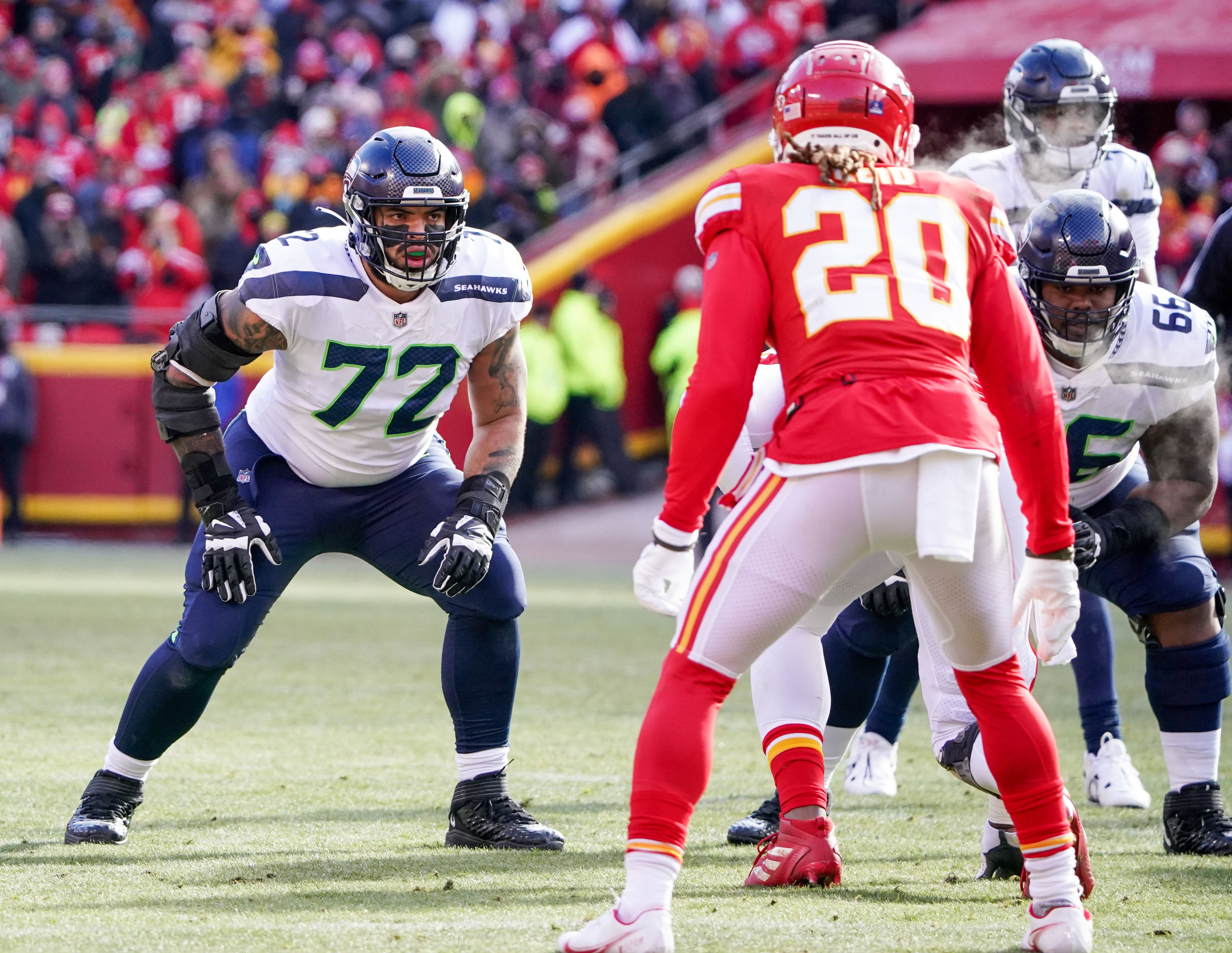 Dec 24, 2022; Kansas City, Missouri, USA; Seattle Seahawks offensive tackle Abraham Lucas (72) at the line of scrimmage against the Kansas City Chiefs during the game at GEHA Field at Arrowhead Stadium.