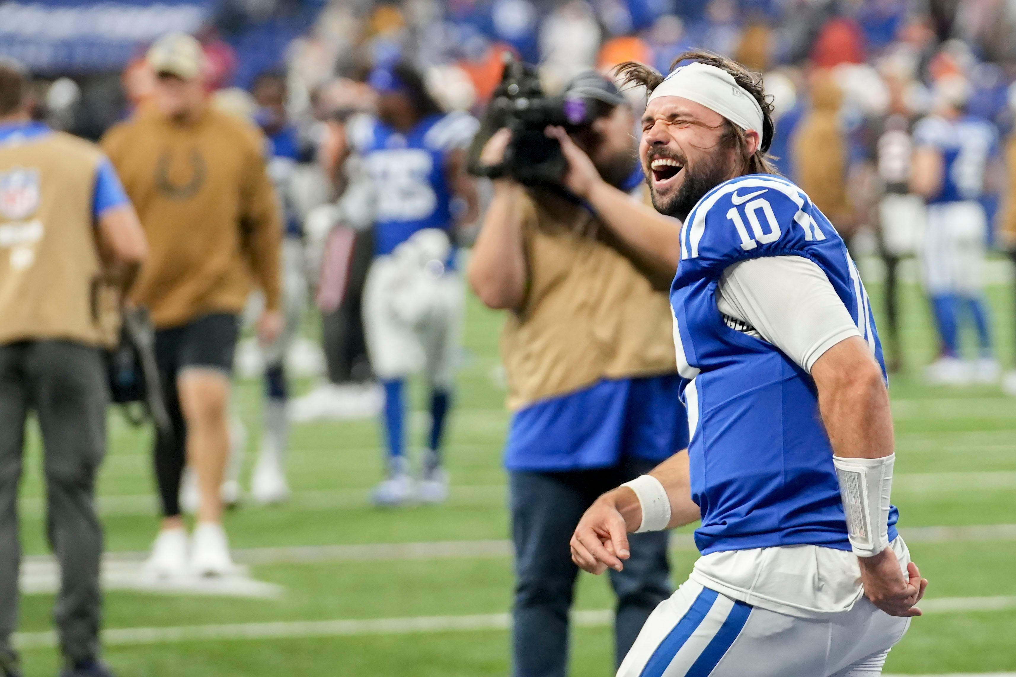 Indianapolis Colts quarterback Gardner Minshew II (10) celebrates Sunday, Nov. 26, 2023, after winning a game against the Tampa Bay Buccaneers at Lucas Oil Stadium in Indianapolis.