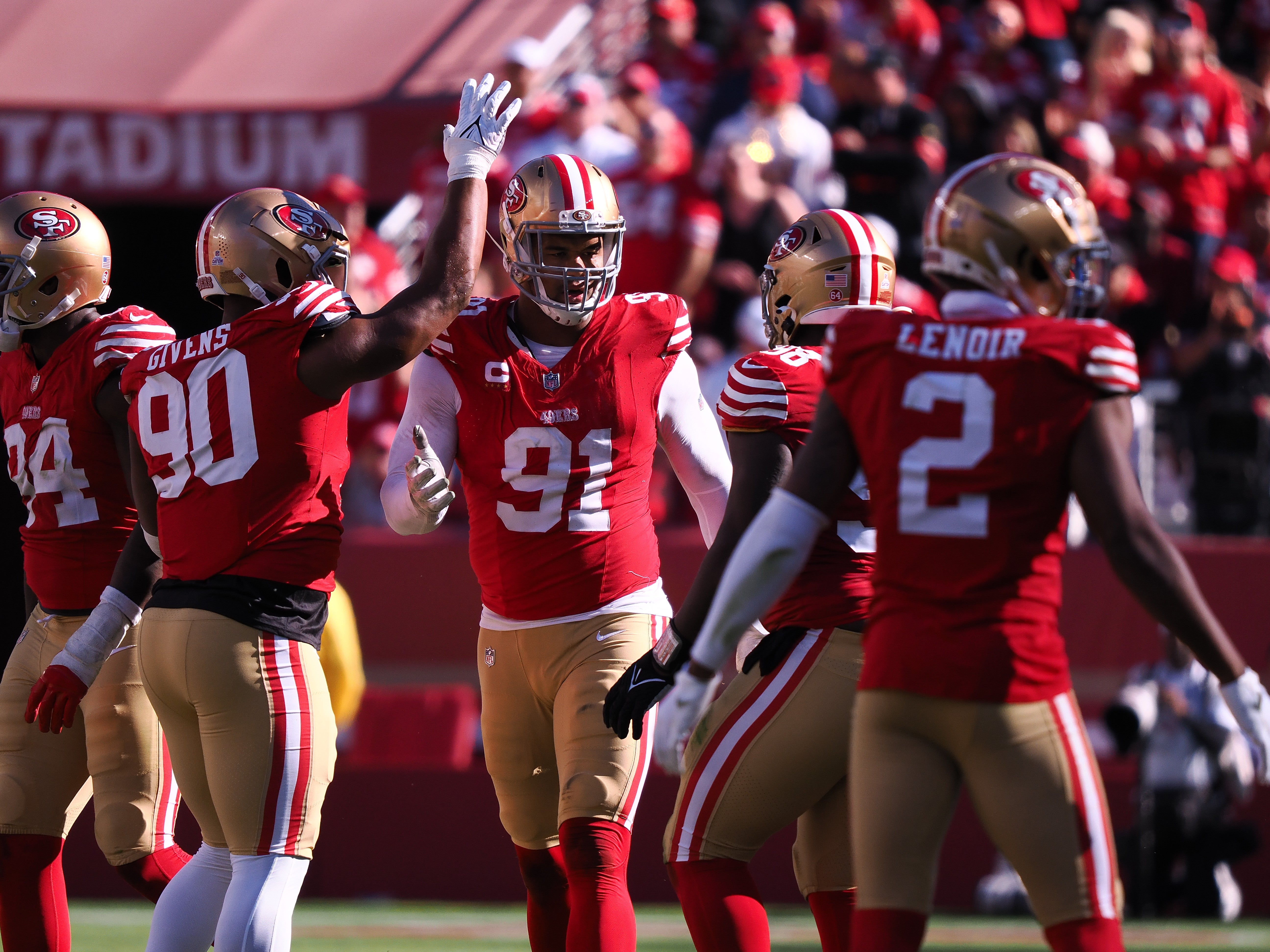 Oct 29, 2023; Santa Clara, California, USA; San Francisco 49ers defensive end Arik Armstead (91) with teammates after a sack against the Cincinnati Bengals during the third quarter at Levi's Stadium.