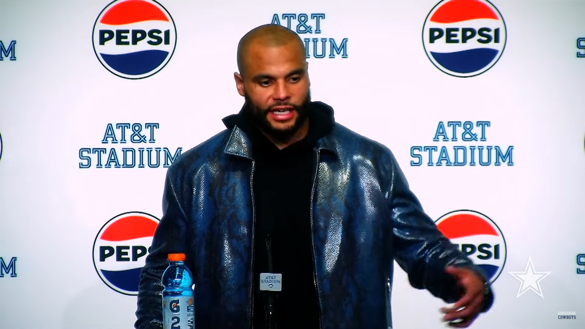 Dallas Cowboys quarterback Dak Prescott talks to reporters following Thursday's win over the Seattle Seahawks.
