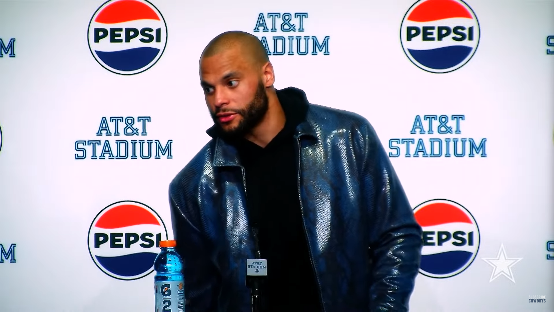 Dallas Cowboys quarterback Dak Prescott praises Jake Ferguson when talking to reporters following his team's win over the Seattle Seahawks in Week 13.