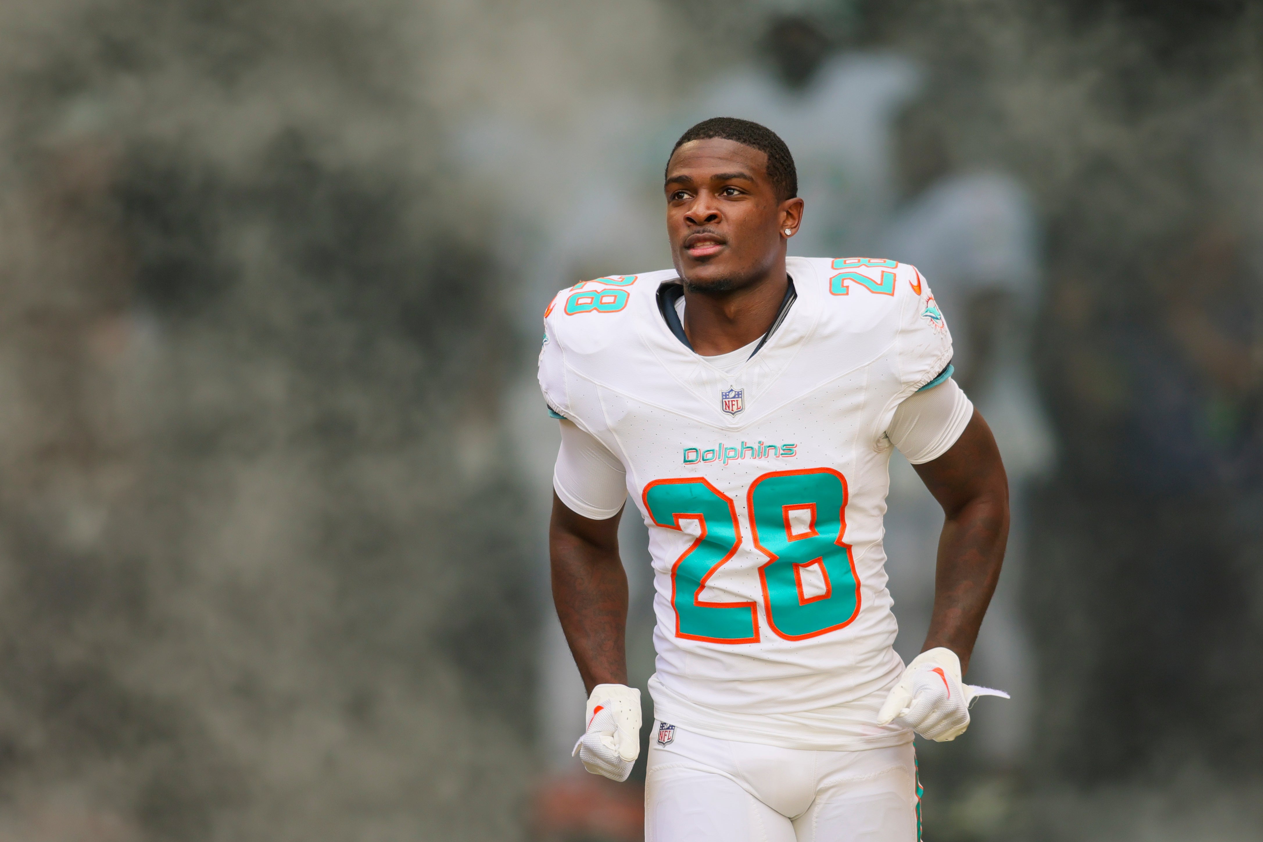 Nov 19, 2023; Miami Gardens, Florida, USA; Miami Dolphins running back De'Von Achane (28) looks on prior to the game against the Las Vegas Raiders at Hard Rock Stadium. Mandatory Credit: Sam Navarro-USA TODAY Sports