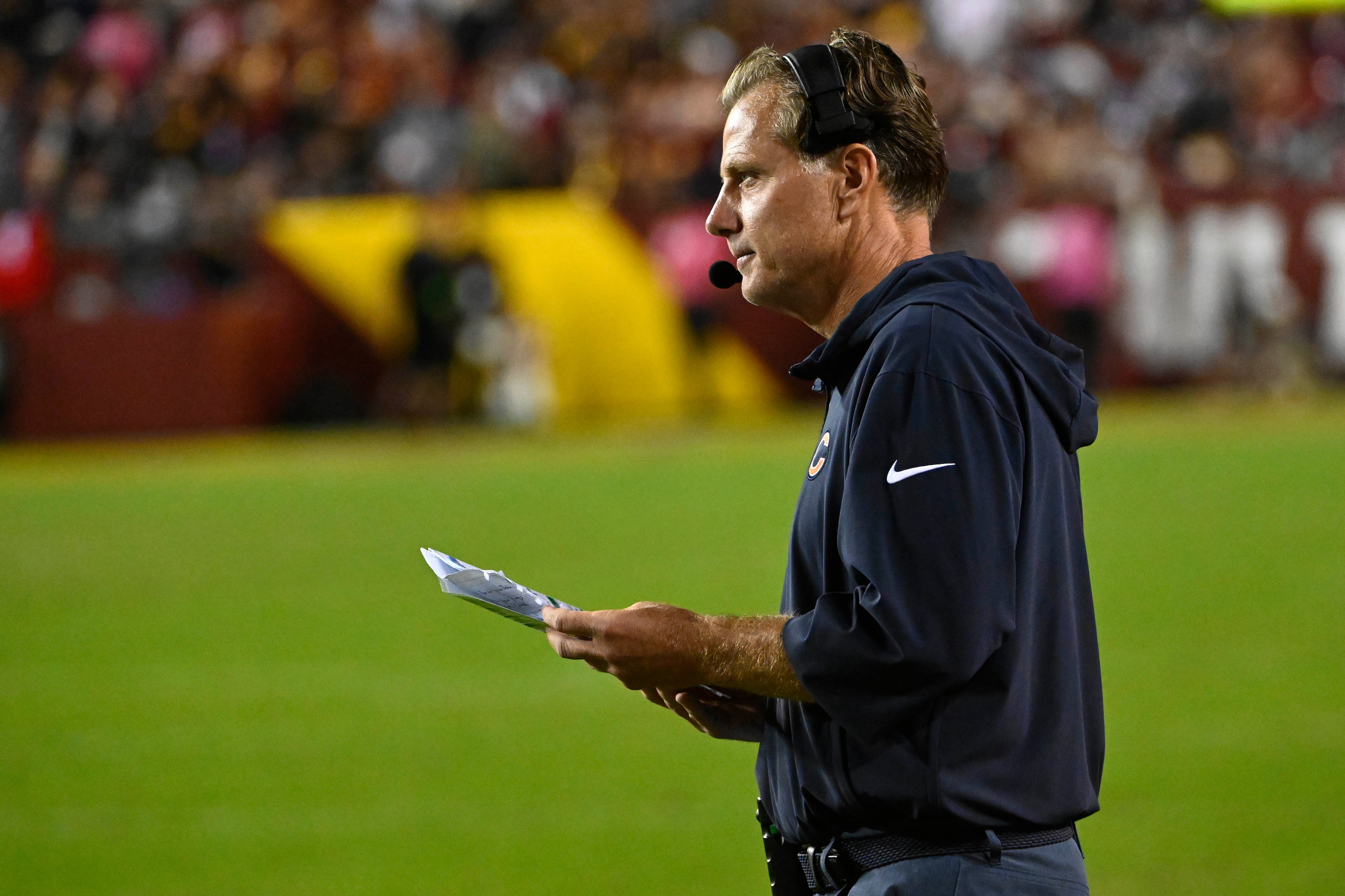Oct 5, 2023; Landover, Maryland, USA; Chicago Bears head coach Matt Eberflus against the Washington Commanders during the second half at FedExField.