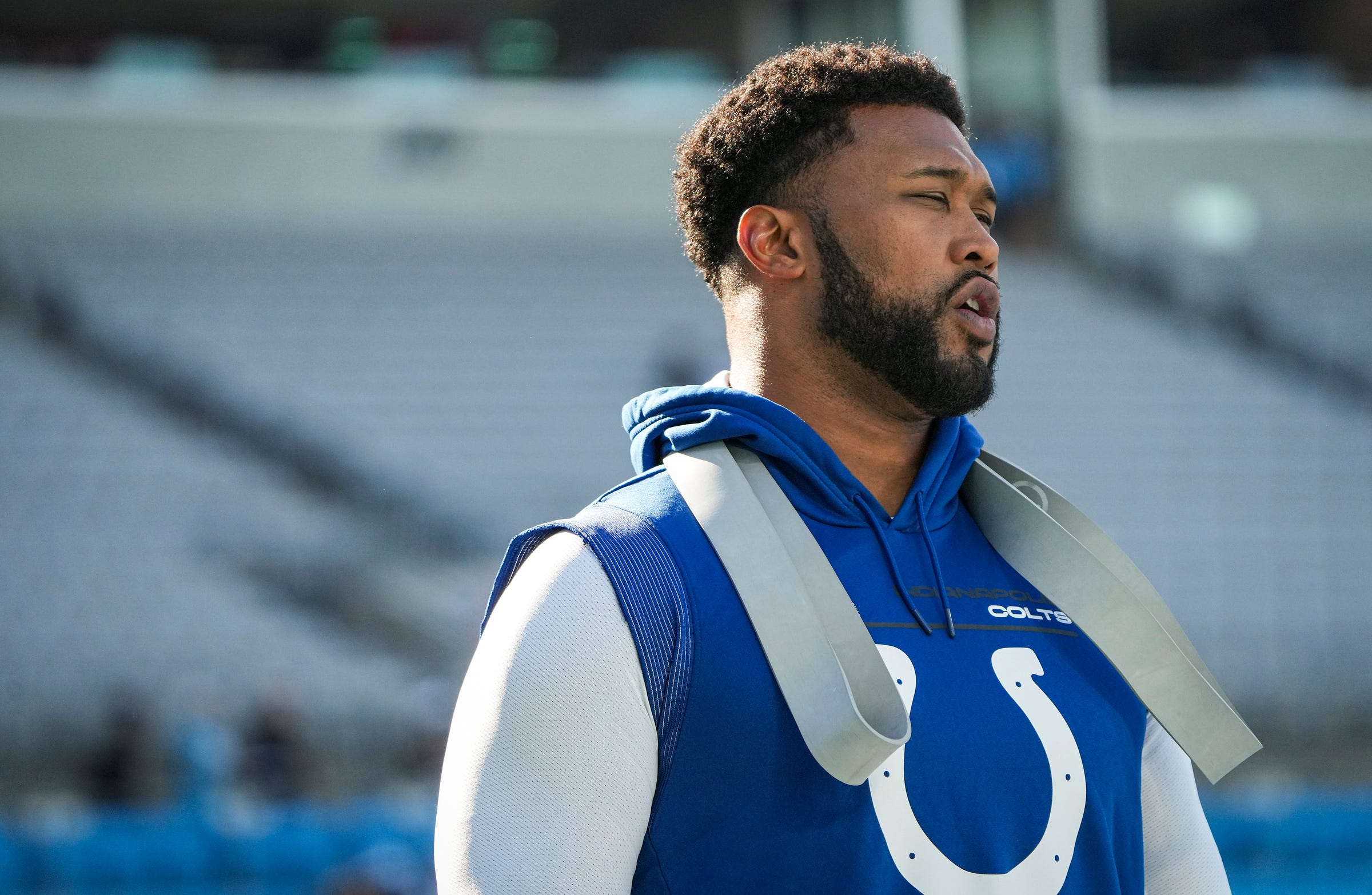 Indianapolis Colts defensive tackle DeForest Buckner (99) warms up before facing the Carolina Panthers on Sunday, Nov. 5, 2023, at Bank of America Stadium in Charlotte, N.C.