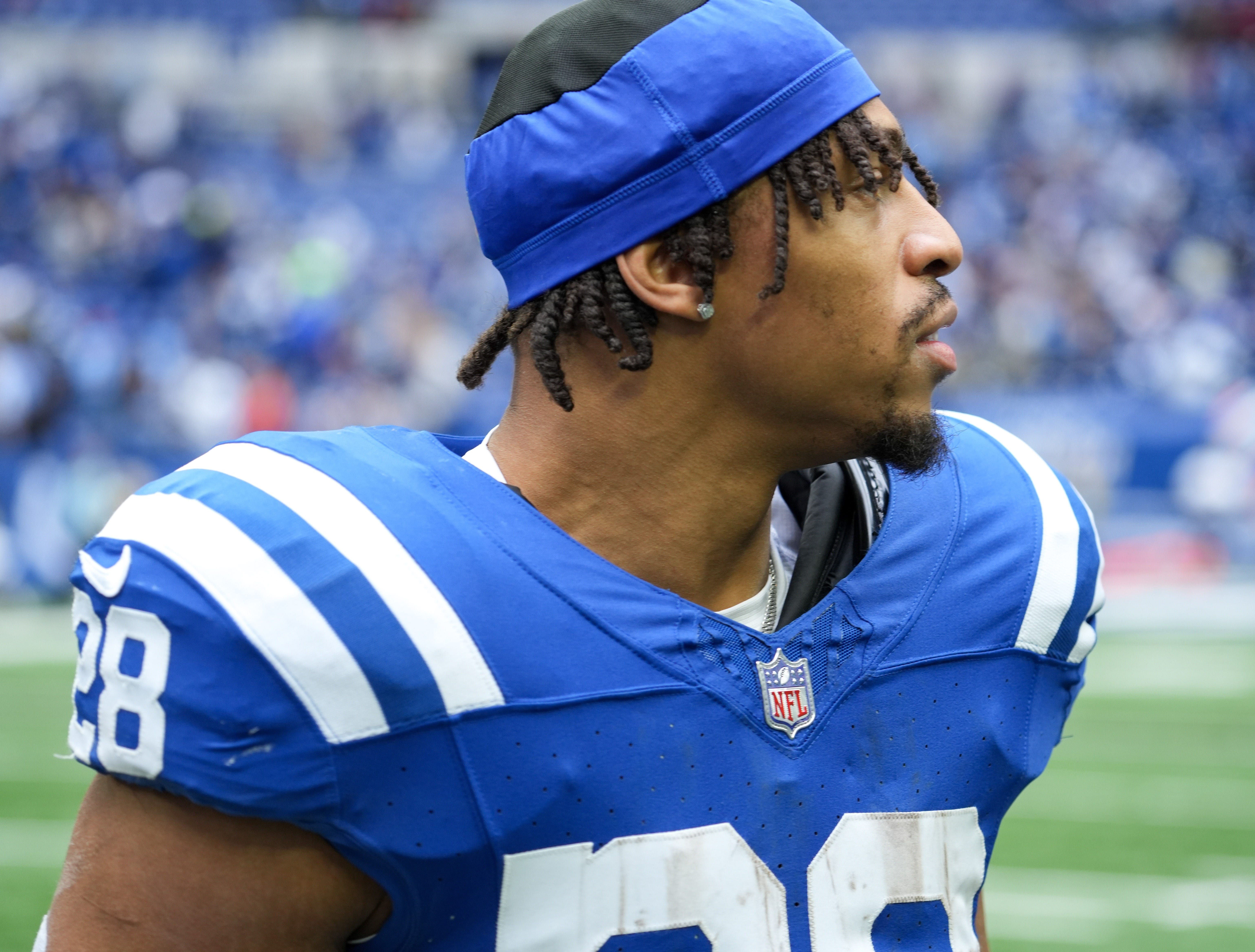 Indianapolis Colts running back Jonathan Taylor (28) leaves the field Sunday, Oct. 8, 2023, after a game against the Tennessee Titans at Lucas Oil Stadium in Indianapolis.