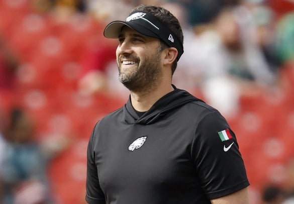Philadelphia Eagles head coach Nick Sirianni stands on the field during warmup prior to the game Washington Commanders at FedExField.
