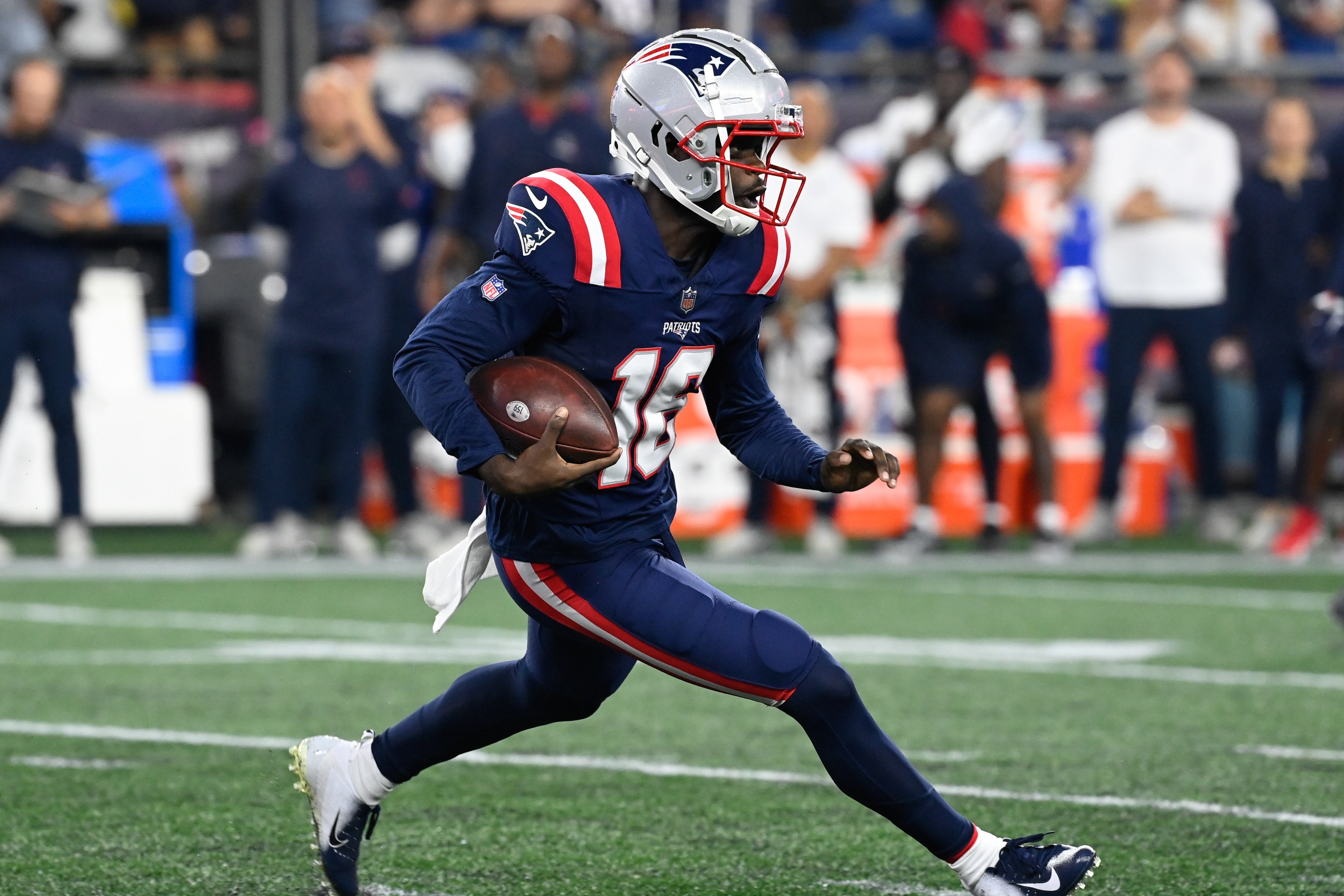 New England Patriots quarterback Malik Cunningham runs the ball during the second half against the Houston Texans at Gillette Stadium