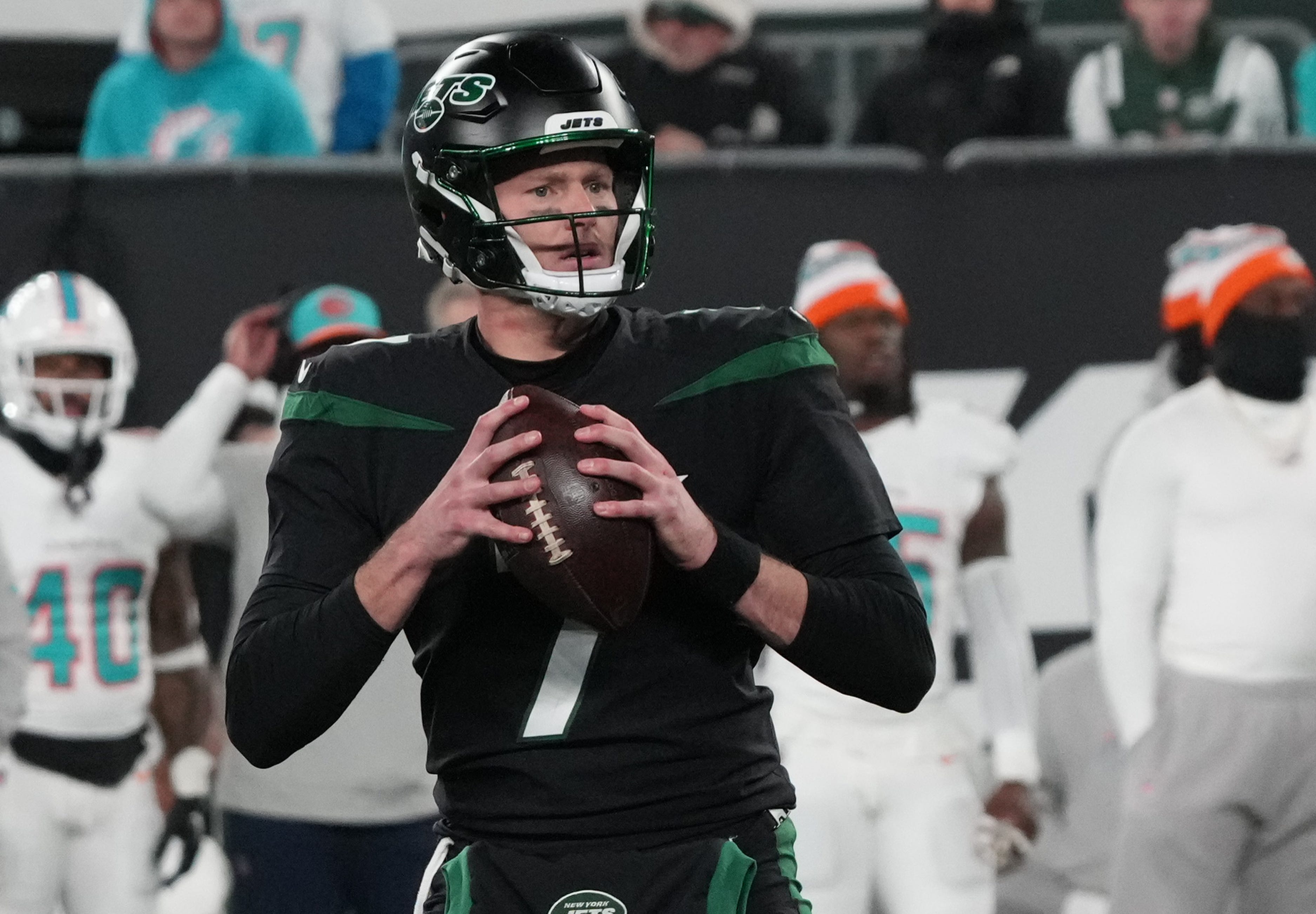 Jets quarterback Tim Boyle in the second half as the Miami Dolphins defeated the NY Jets 34-13 at MetLife Stadium on November 24, 2023 in East Rutherford, NJ to play in the first Black Friday NFL game.
