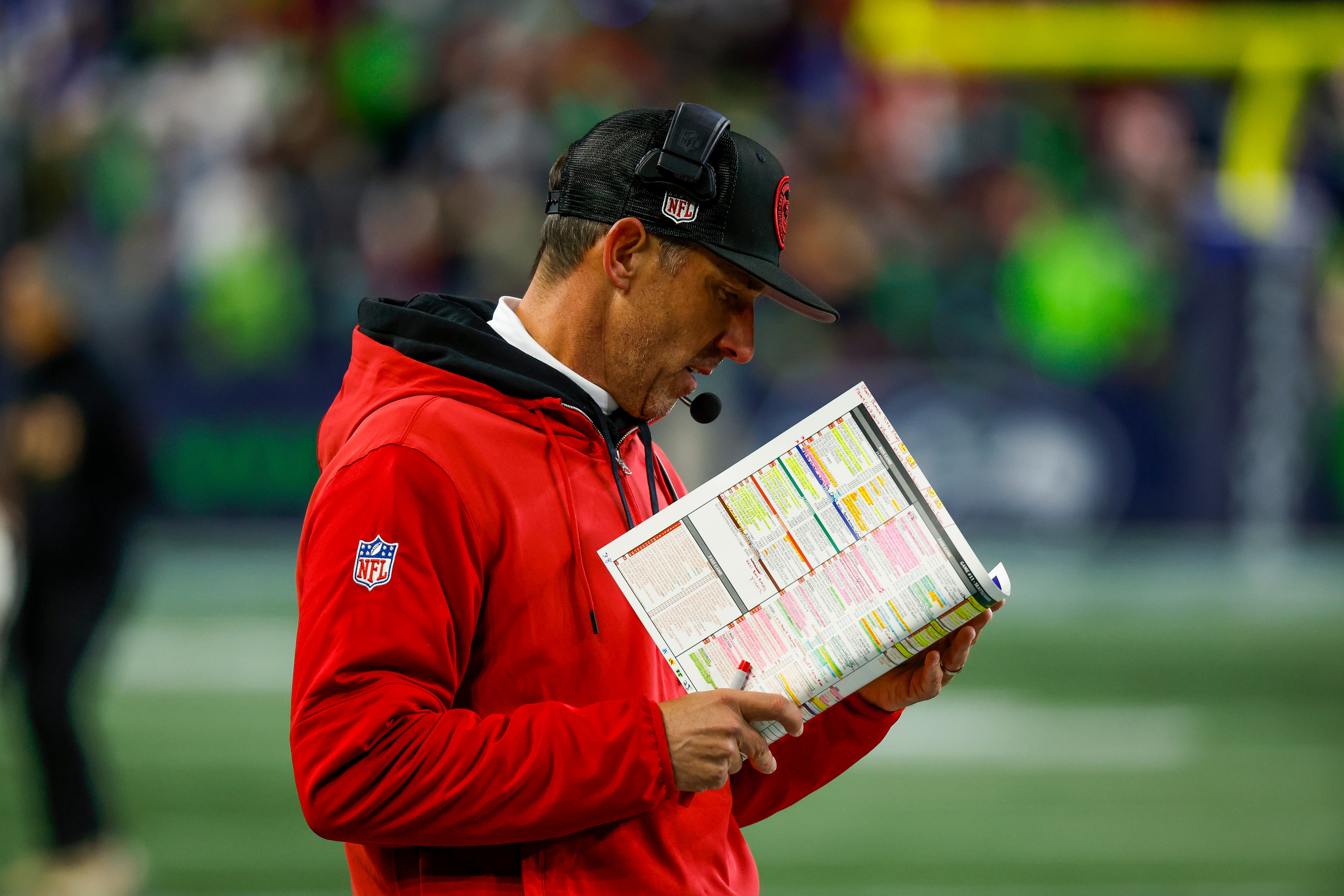 Nov 23, 2023; Seattle, Washington, USA; San Francisco 49ers head coach Kyle Shanahan stands on the sideline during the second quarter against the Seattle Seahawks at Lumen Field.