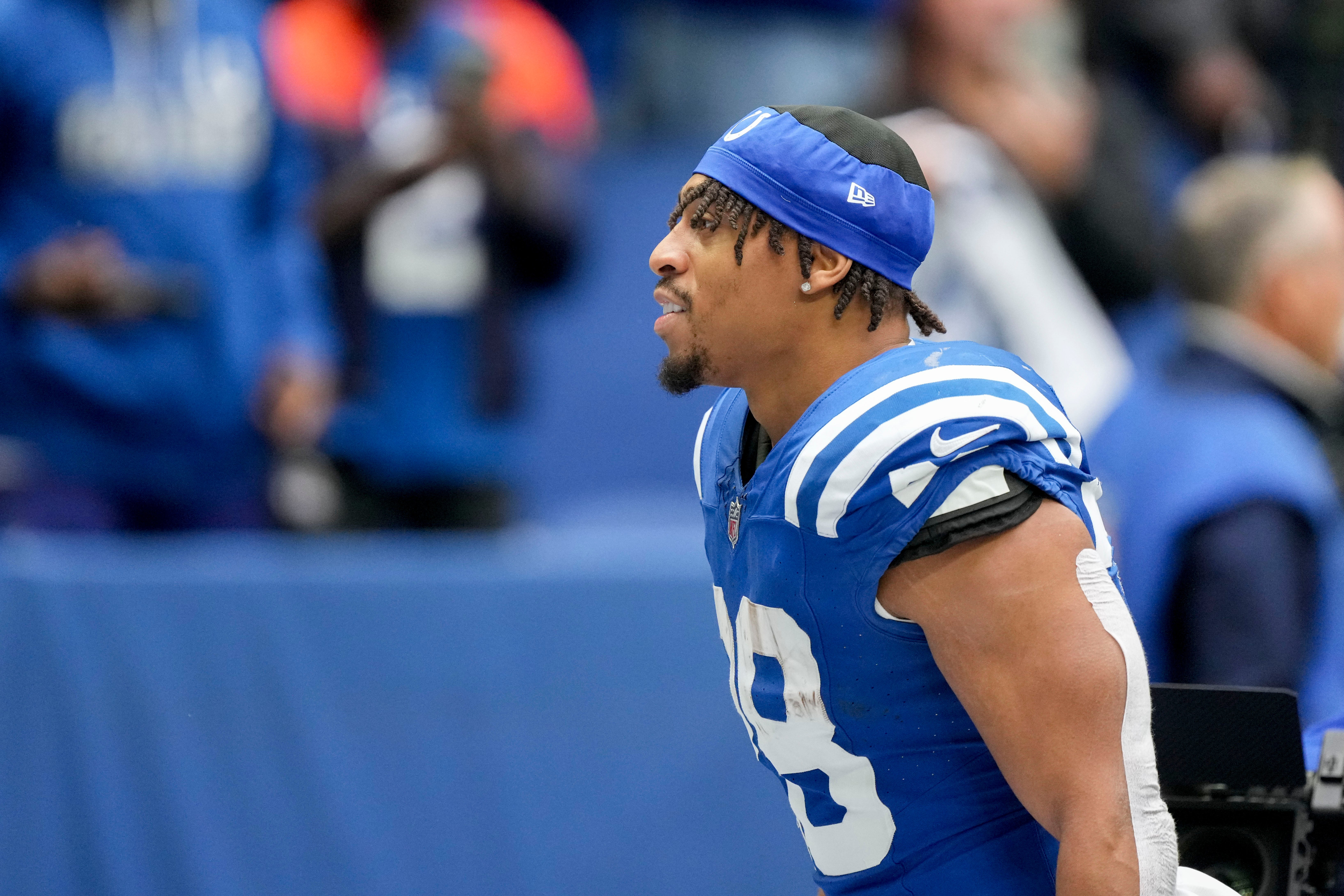 Oct 8, 2023; Indianapolis, Indiana, USA; Indianapolis Colts running back Jonathan Taylor (28) leaves the field after defeating the Tennessee Titans at Lucas Oil Stadium in Indianapoli.