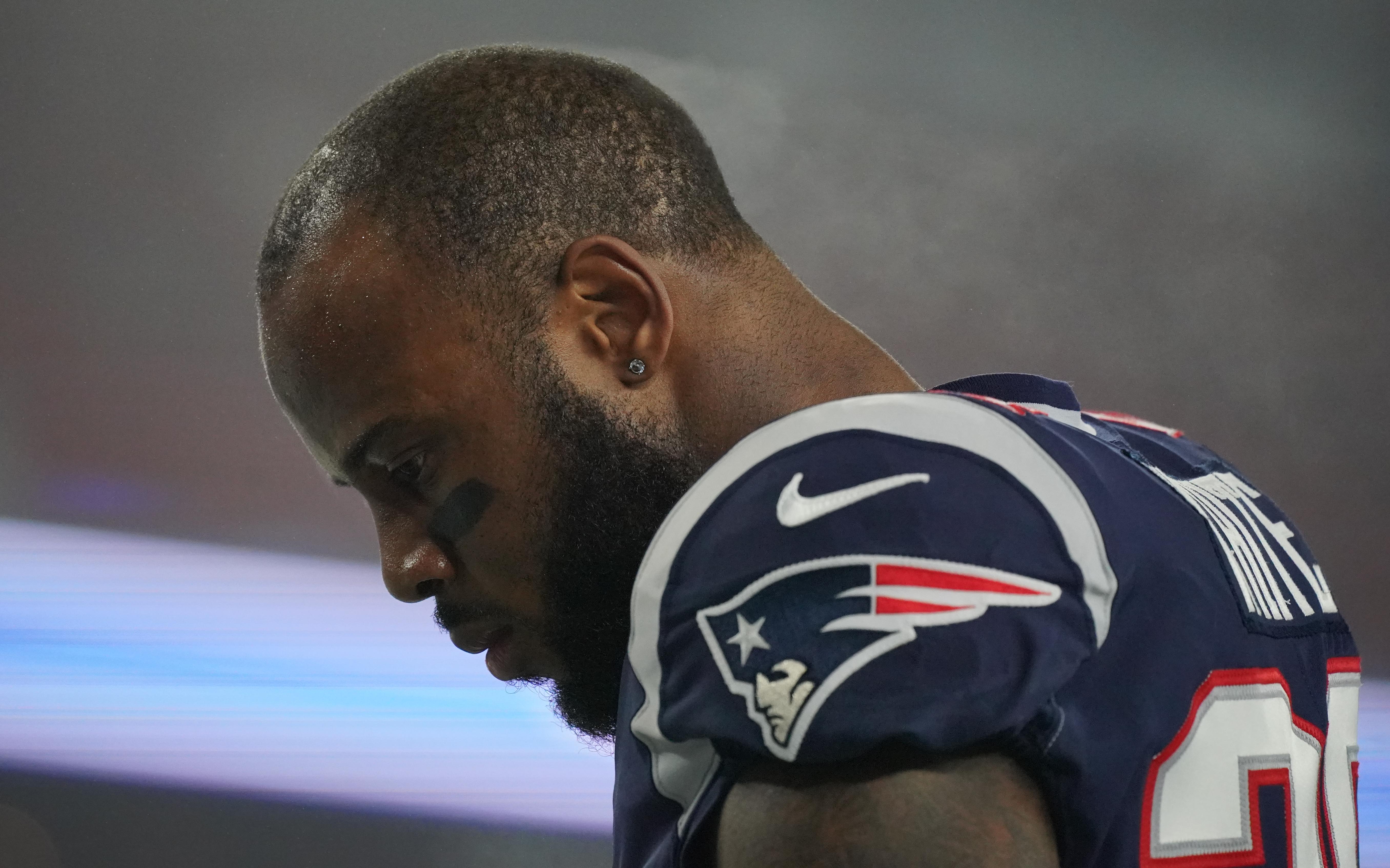 New England Patriots running back James White on the field before the start of the game against the Tennessee Titans at Gillette Stadium