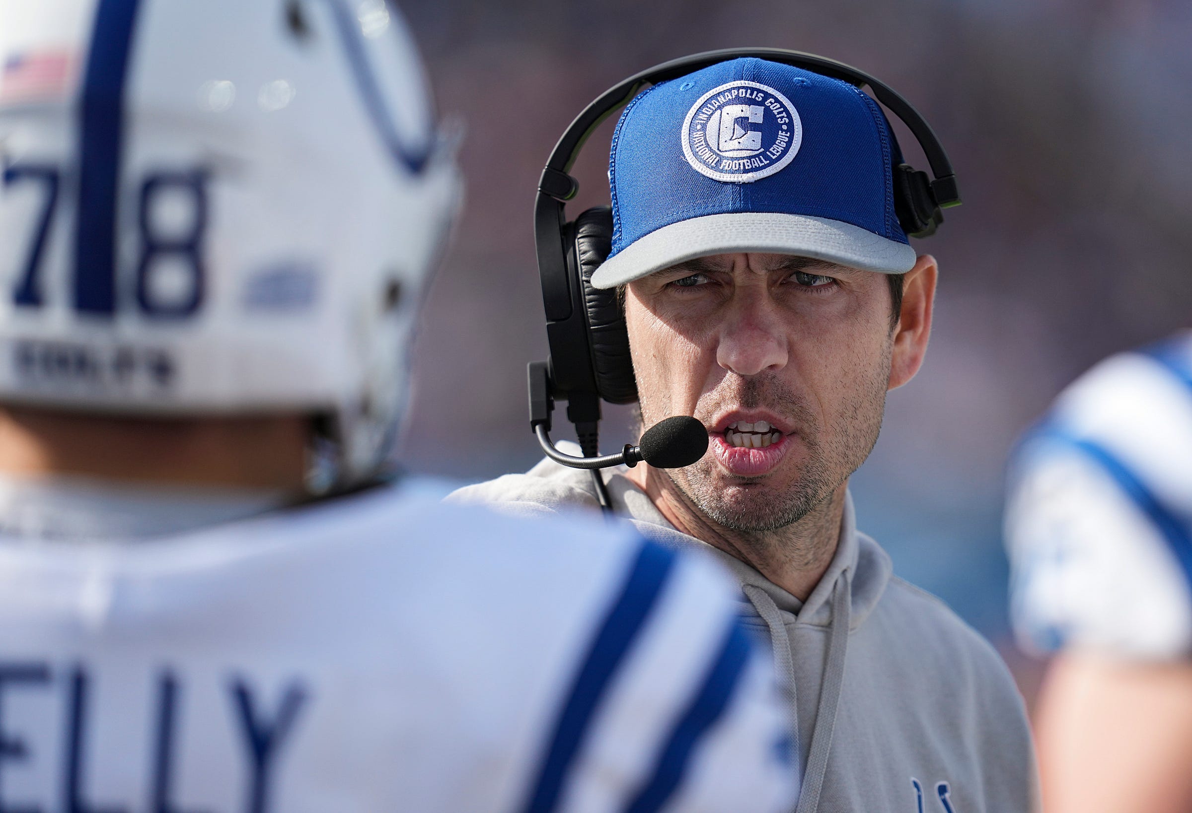 Indianapolis Colts head coach Shane Steichen talks to players Sunday, Dec. 3, 2023, during a game against the Tennessee Titans at Nissan Stadium in Nashville, Tenn.