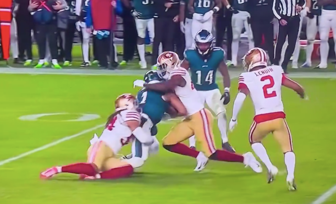 Philadelphia Eagles quarterback Jalen Hurts takes a brutal hit against the San Francisco 49ers before heading to the locker room.