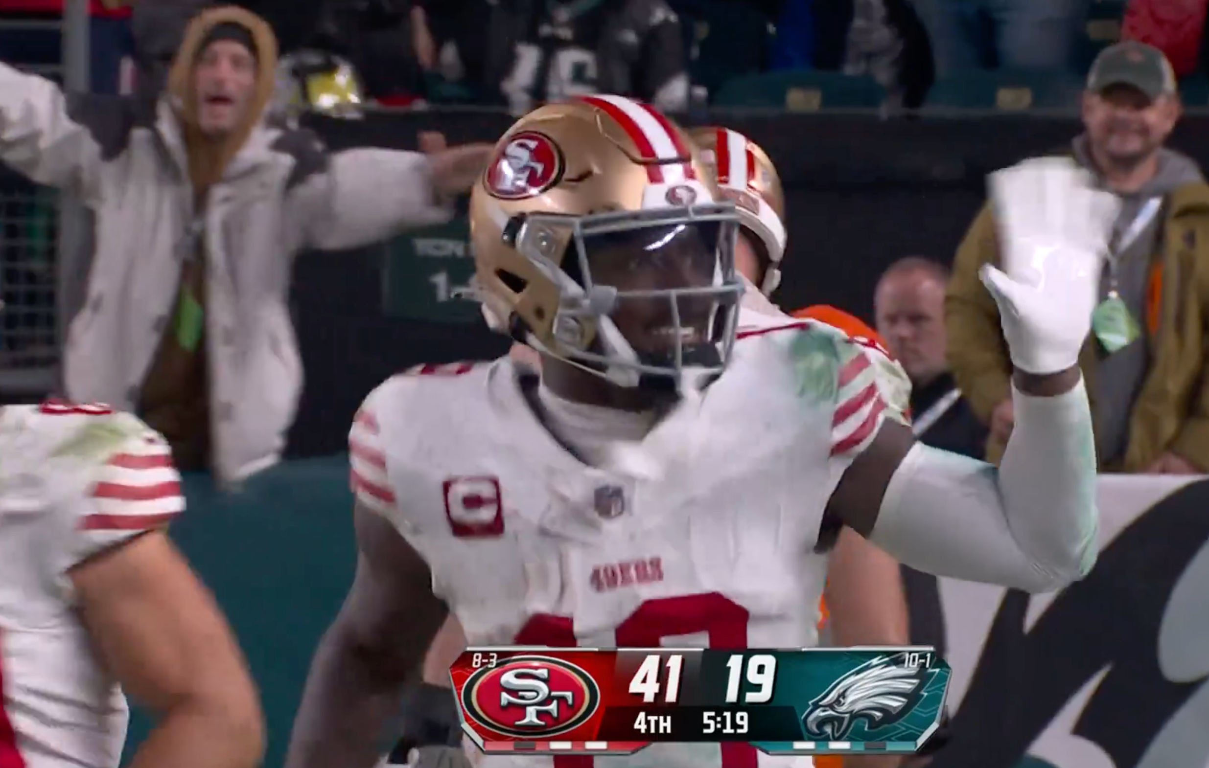Deebo Samuel waves to the Eagles fans after scoring his third touchdown for the 49ers in a 42-19 win.