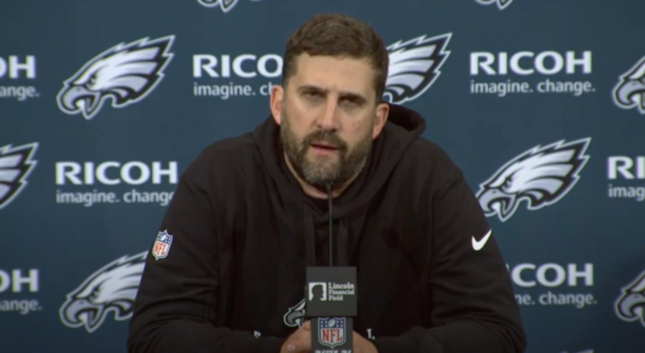 Philadelphia Eagles head coach Nick Sirianni talks to reporters following loss to San Francisco 49ers