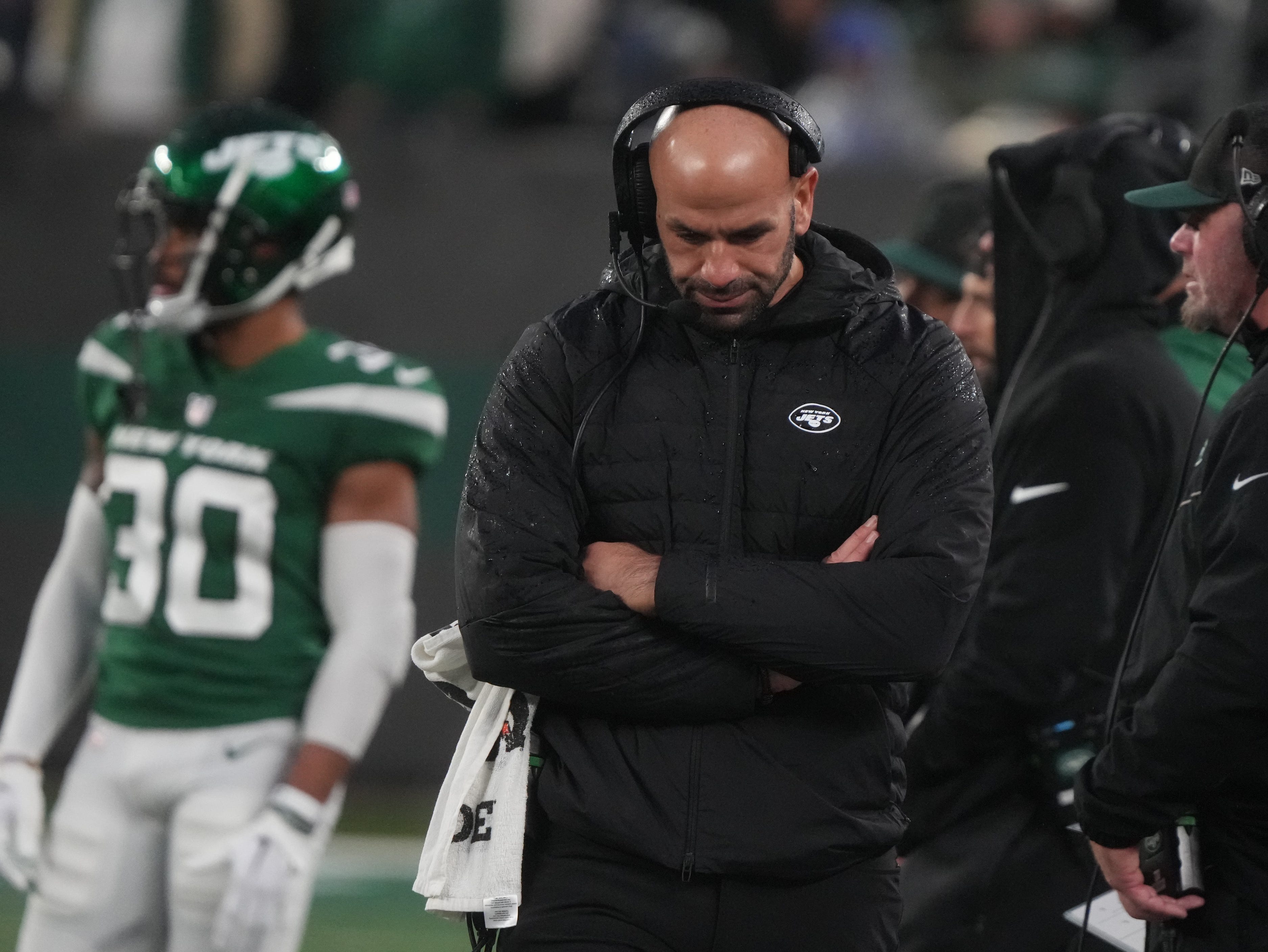 Jets head coach Robert Saleh late after his offense came off the field in the second half. The Atlanta Falcons topped the NY Jets 13-8 at MetLife Stadium on December 3, 2023 in East Rutherford, NJ