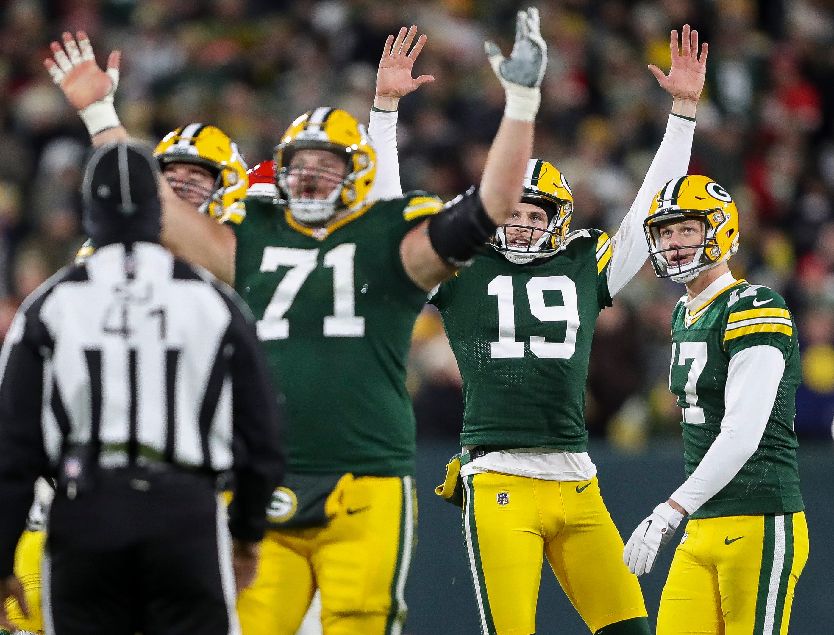 Green Bay Packers place kicker Anders Carlson (17) watches as his field goal sails through the uprights against the Kansas City Chiefs on Sunday, December 3, 2023, at Lambeau Field in Green Bay, Wis. The Packers won the game, 27-19.