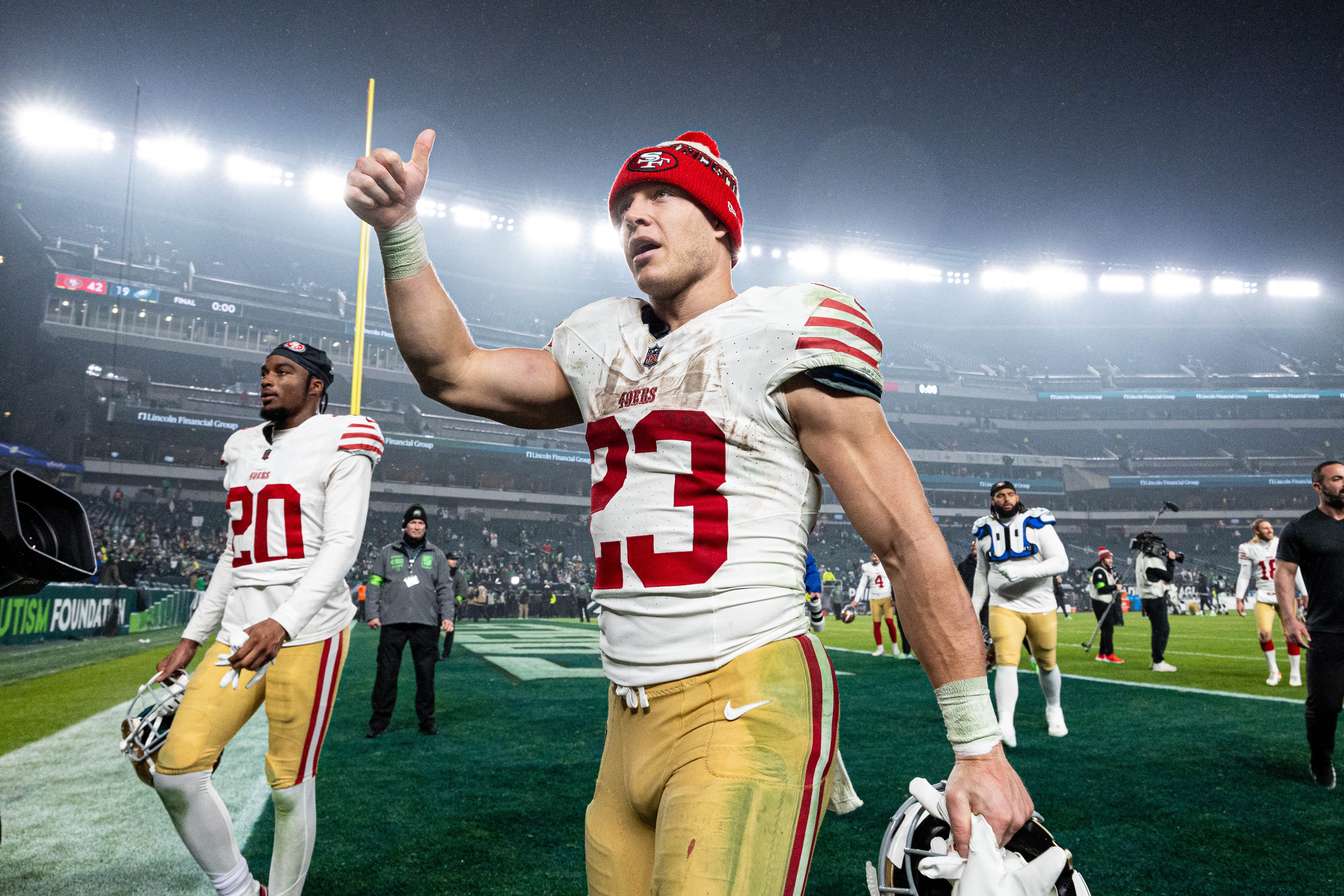 Dec 3, 2023; Philadelphia, Pennsylvania, USA; San Francisco 49ers running back Christian McCaffrey (23) reacts as he walks off the field after a victory against the Philadelphia Eagles at Lincoln Financial Field.