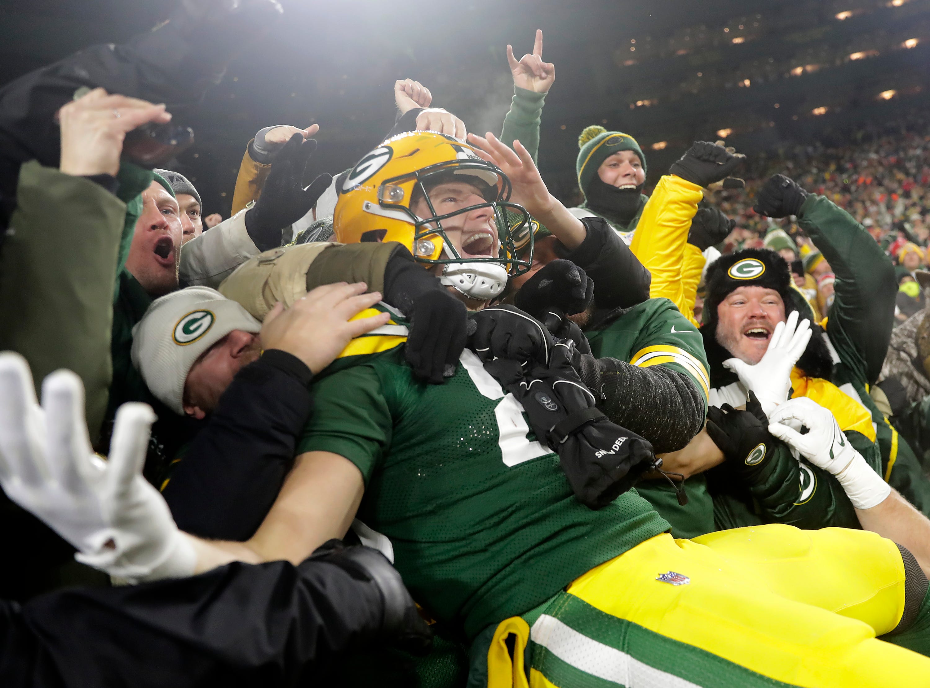Green Bay Packers tight end Ben Sims (89). celebrates a first quarter touchdown against the Kansas City Chiefs during their football game Sunday, December 3, 2023, at Lambeau Field in Green Bay, Wis.